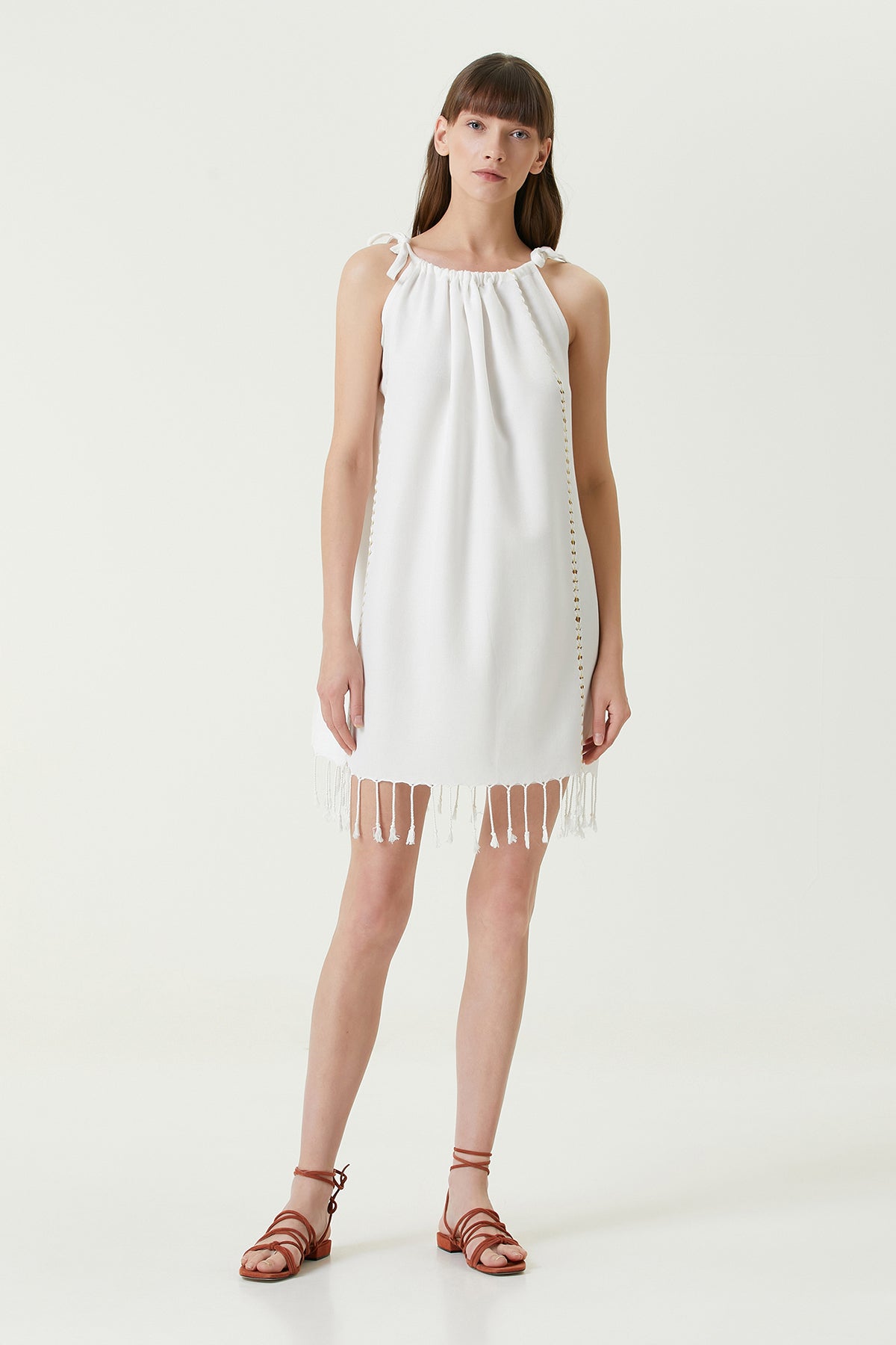 Serene Büzgülü Plaj Elbisesi - Sarı Örgü Ajur