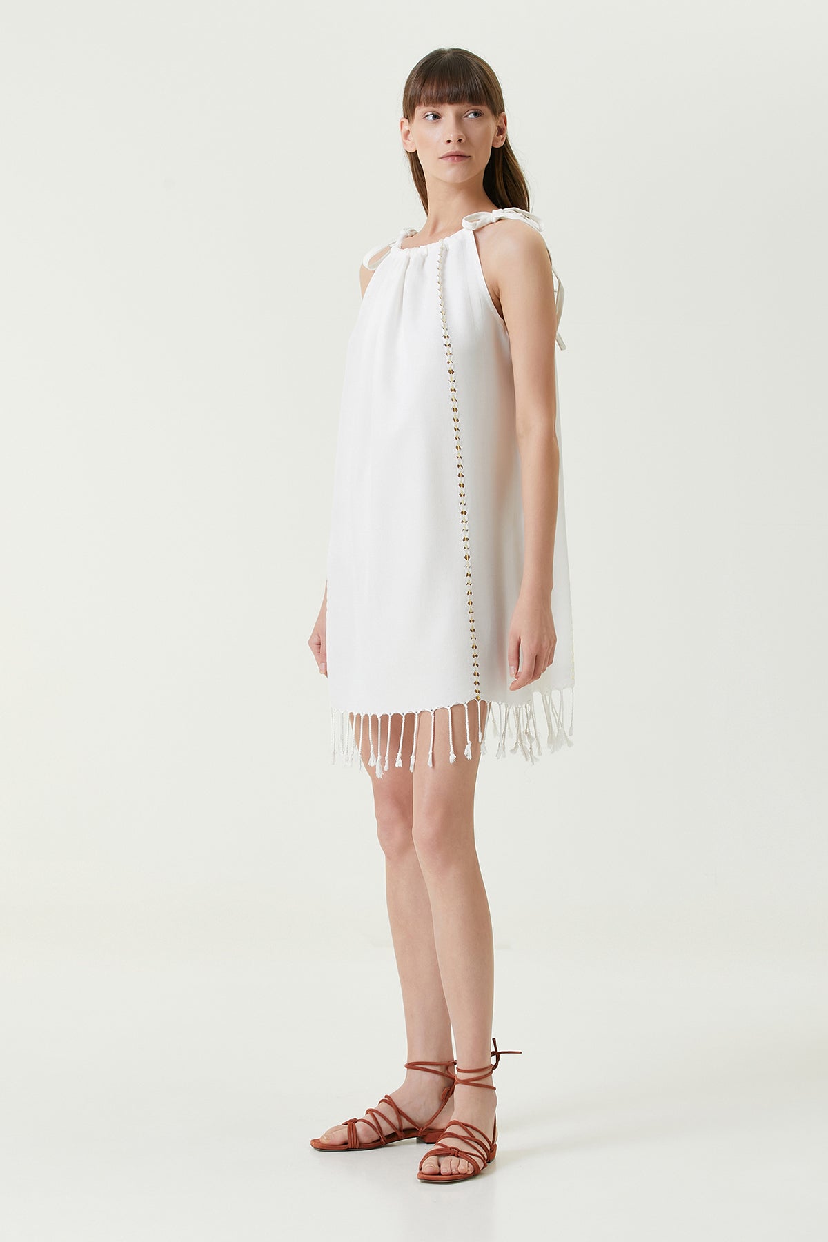 Serene Büzgülü Plaj Elbisesi - Sarı Örgü Ajur