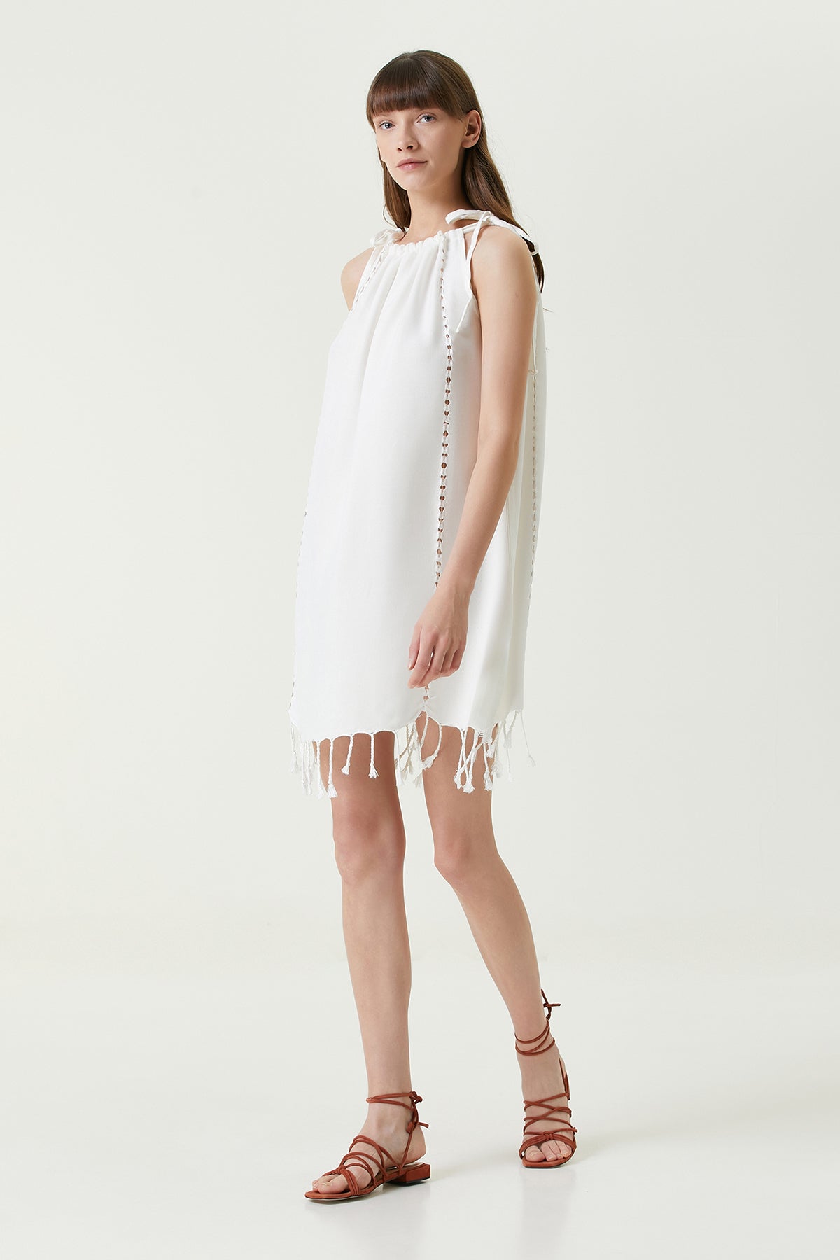 Serene Büzgülü Plaj Elbisesi - Kahve Örgü Ajur