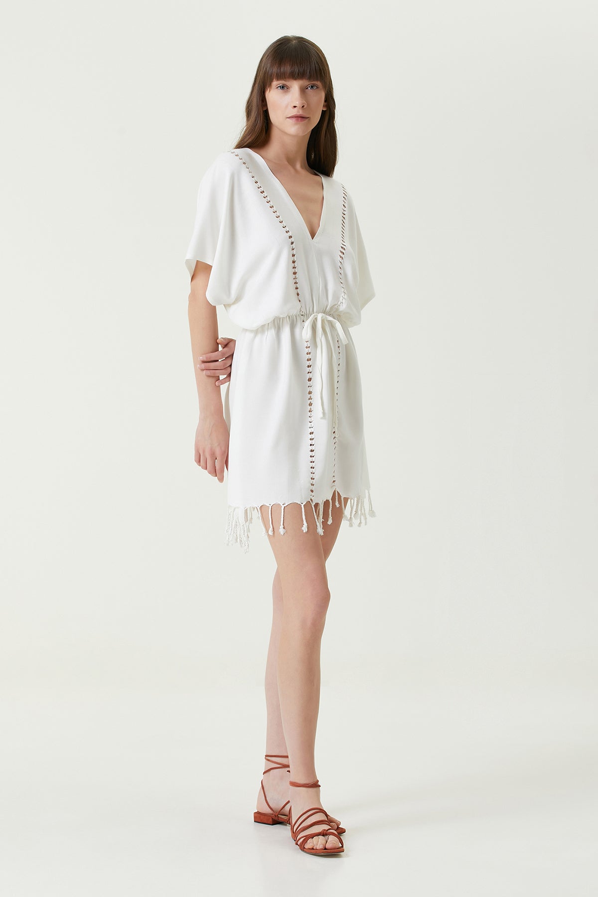 Serene Kısa Plaj Elbisesi - Kahve Örgü Ajur