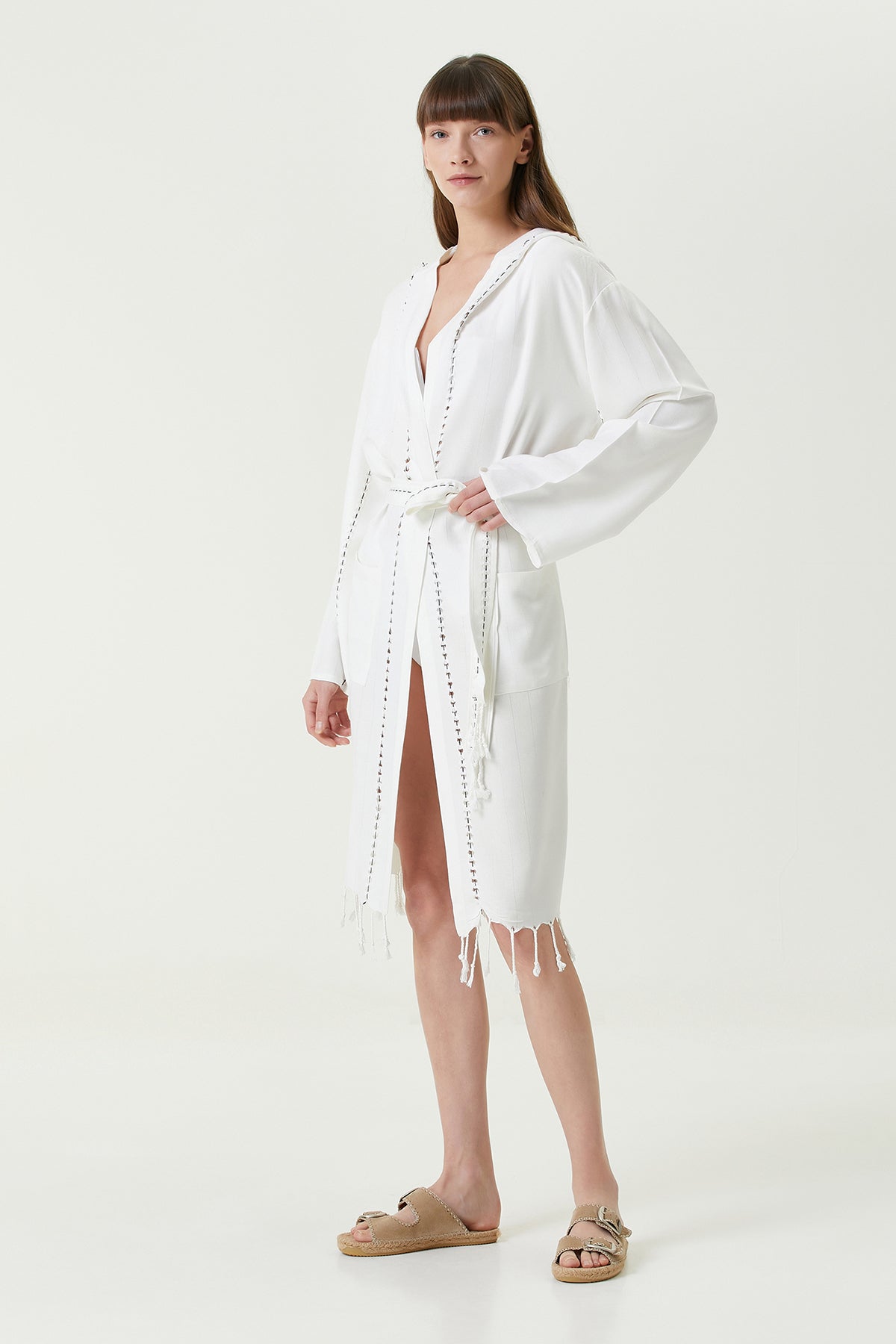 Serene Peshtamal Women's Bathrobe - Black Knitted Openwork