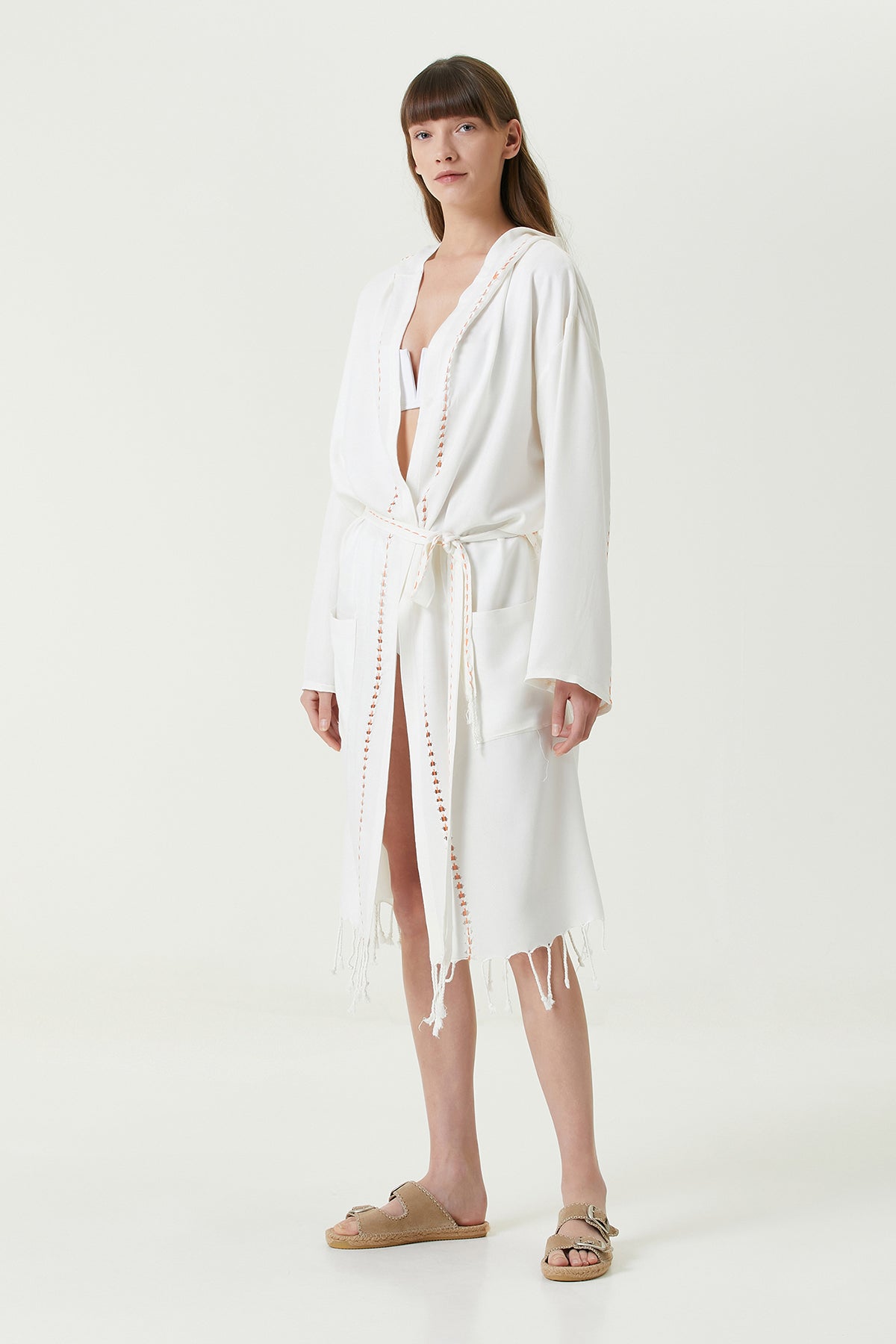 Serene Peştamal Kadın Bornoz - Turuncu Örgü Ajur