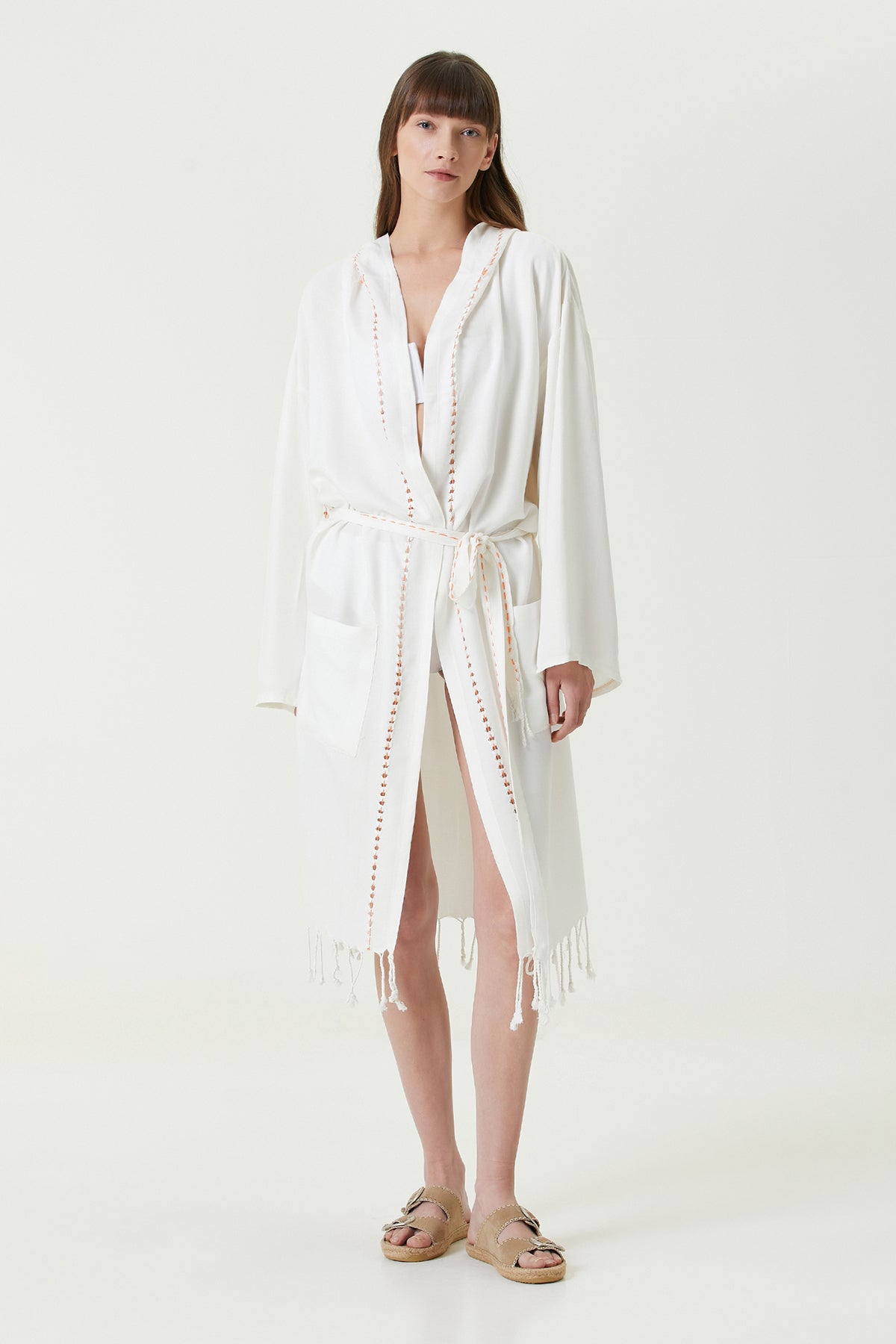 Serene Peştamal Kadın Bornoz - Turuncu Örgü Ajur