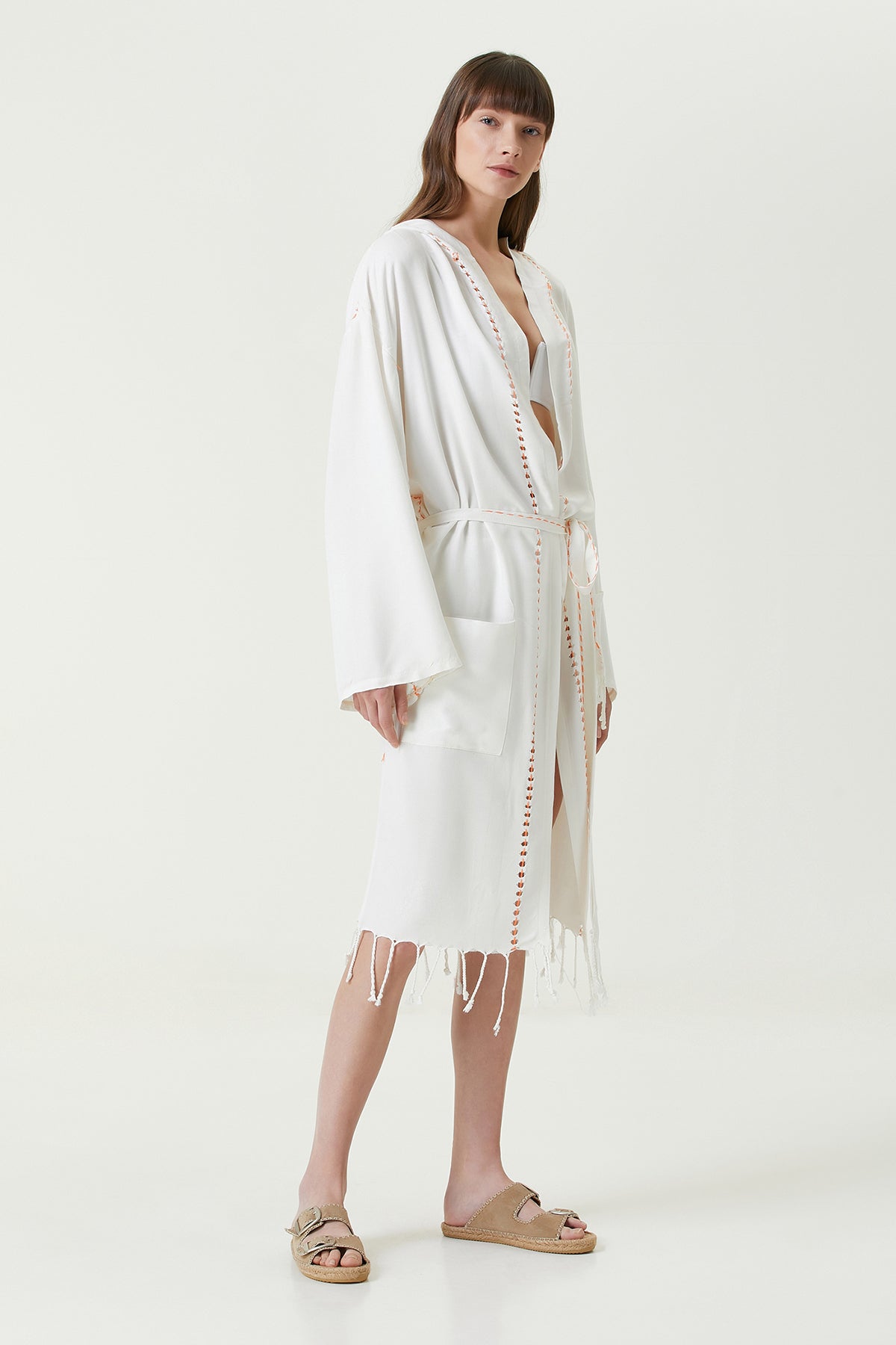 Serene Peştamal Kadın Bornoz - Turuncu Örgü Ajur