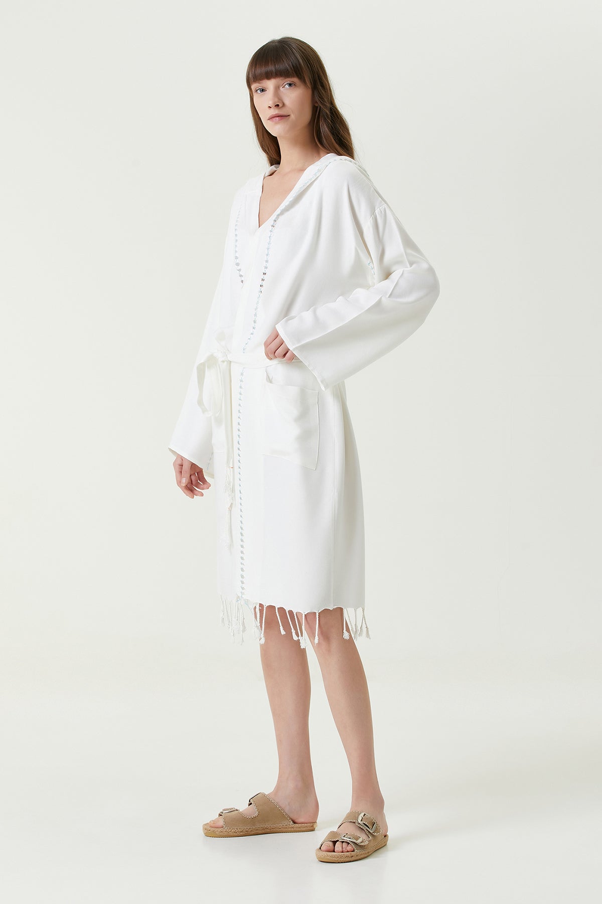 Serene Peştamal Kadın Bornoz - Turkuaz Örgü Ajur