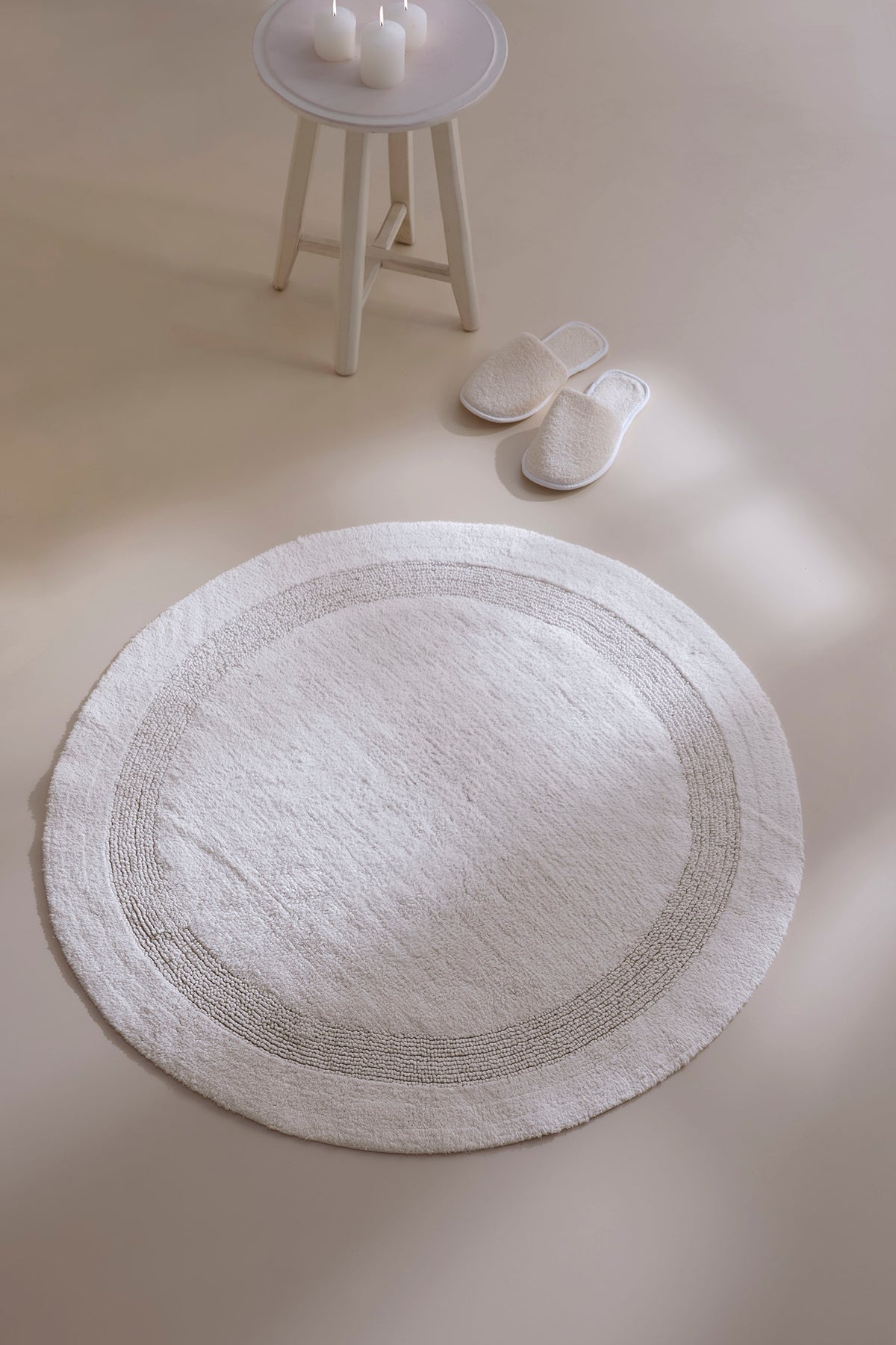 Puffed Yuvarlak Banyo Paspası %100 Pamuk 100x100 Ekru