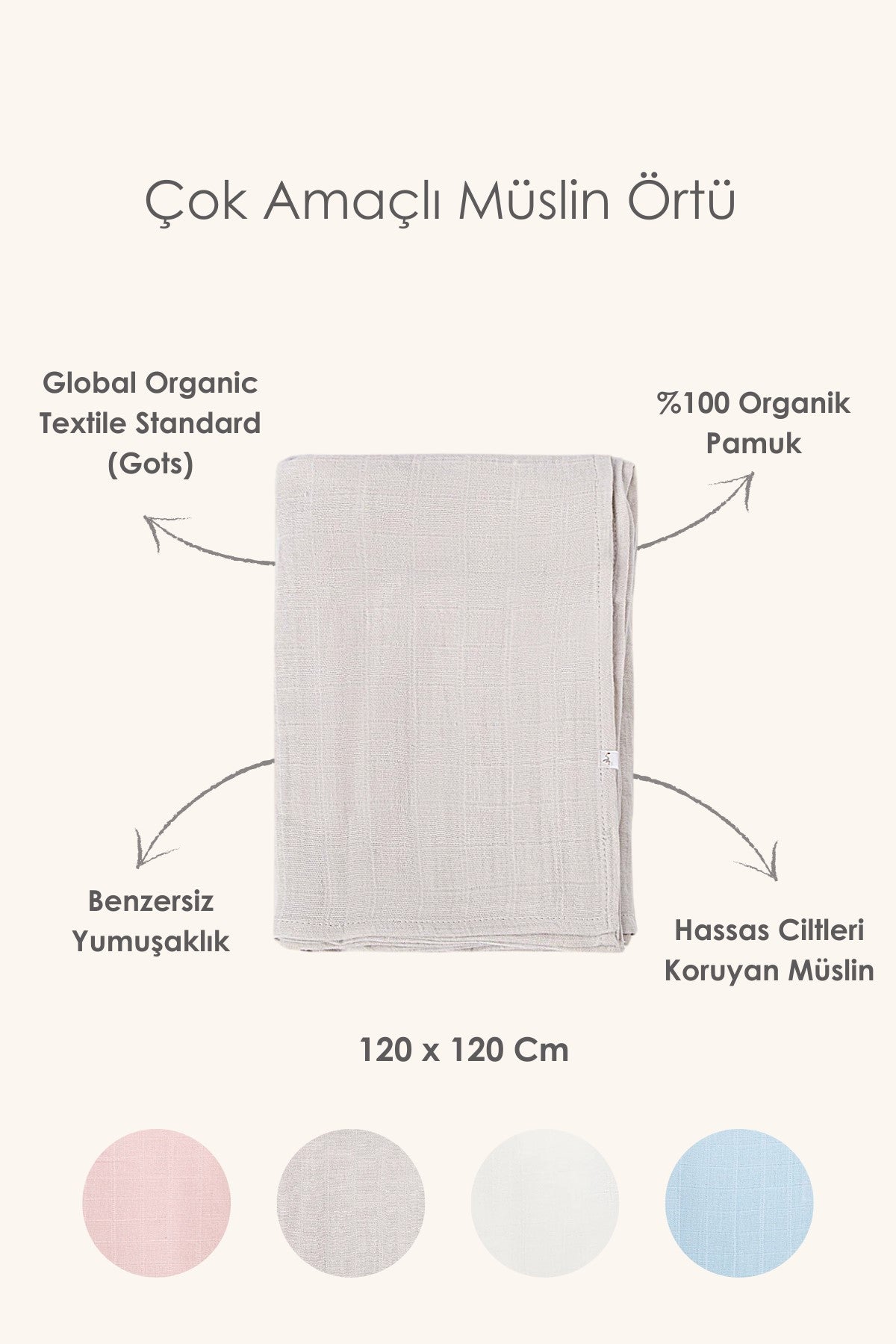 BebeMarin Çok Amaçlı Müslin Örtü 120x120 Mavi