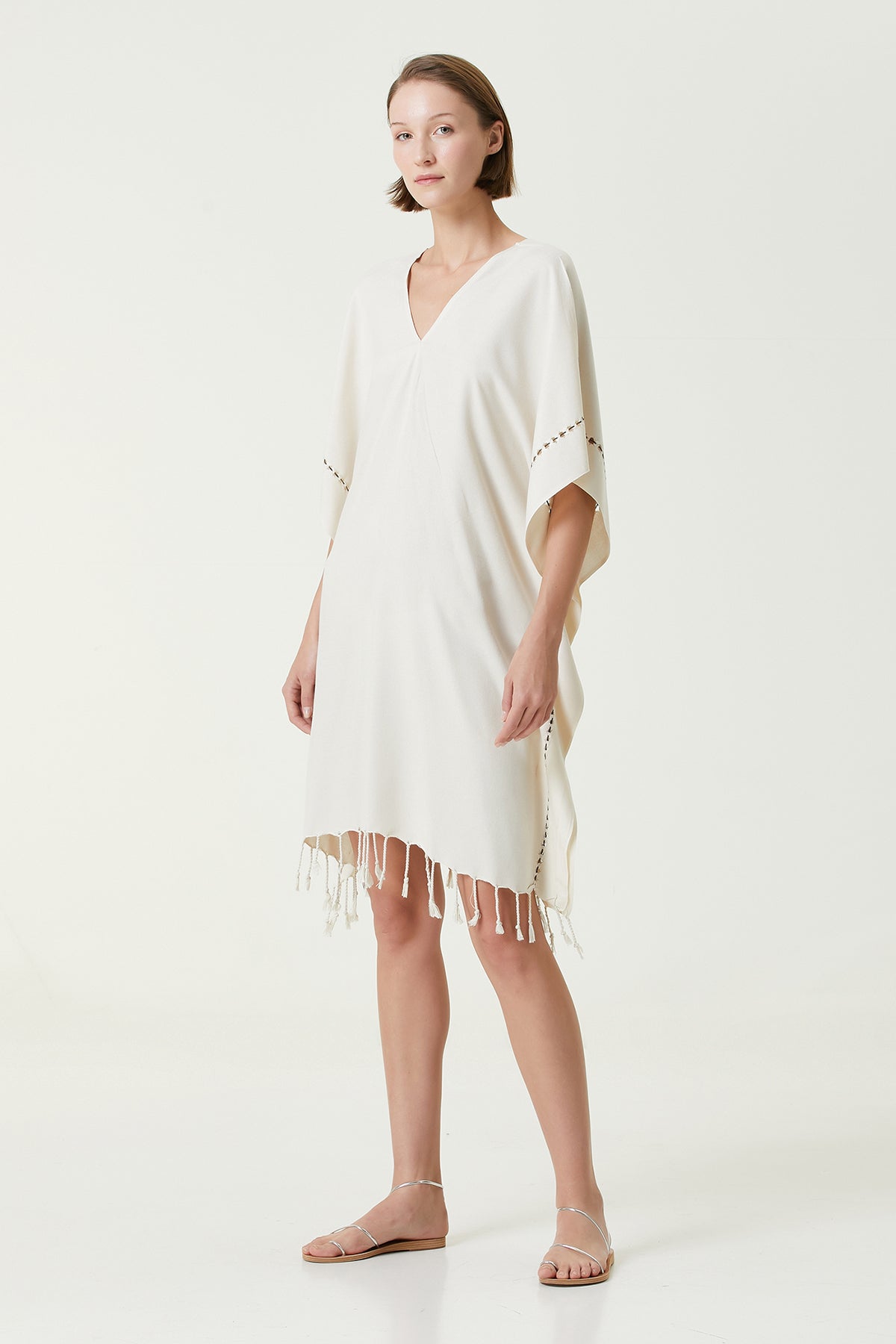 Layla V Yaka Elbise Bej