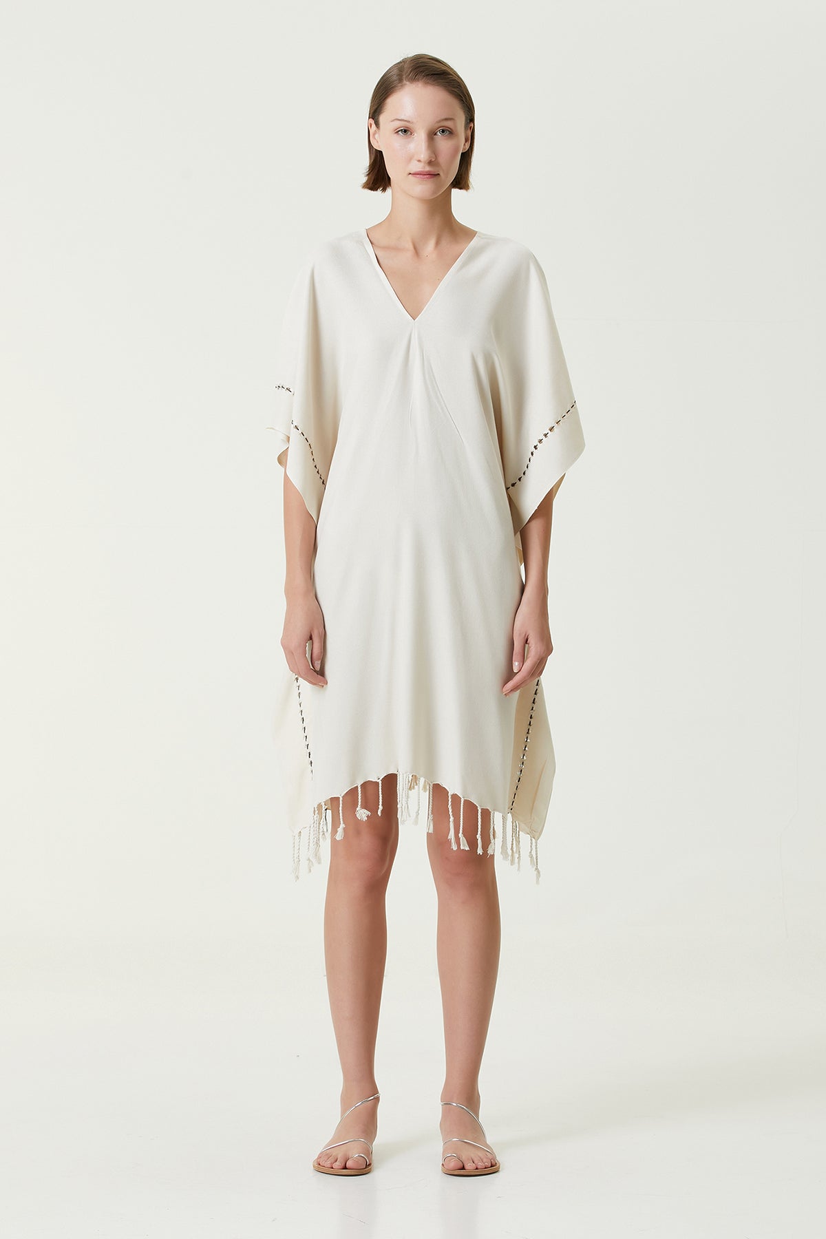 Layla V Yaka Elbise Bej