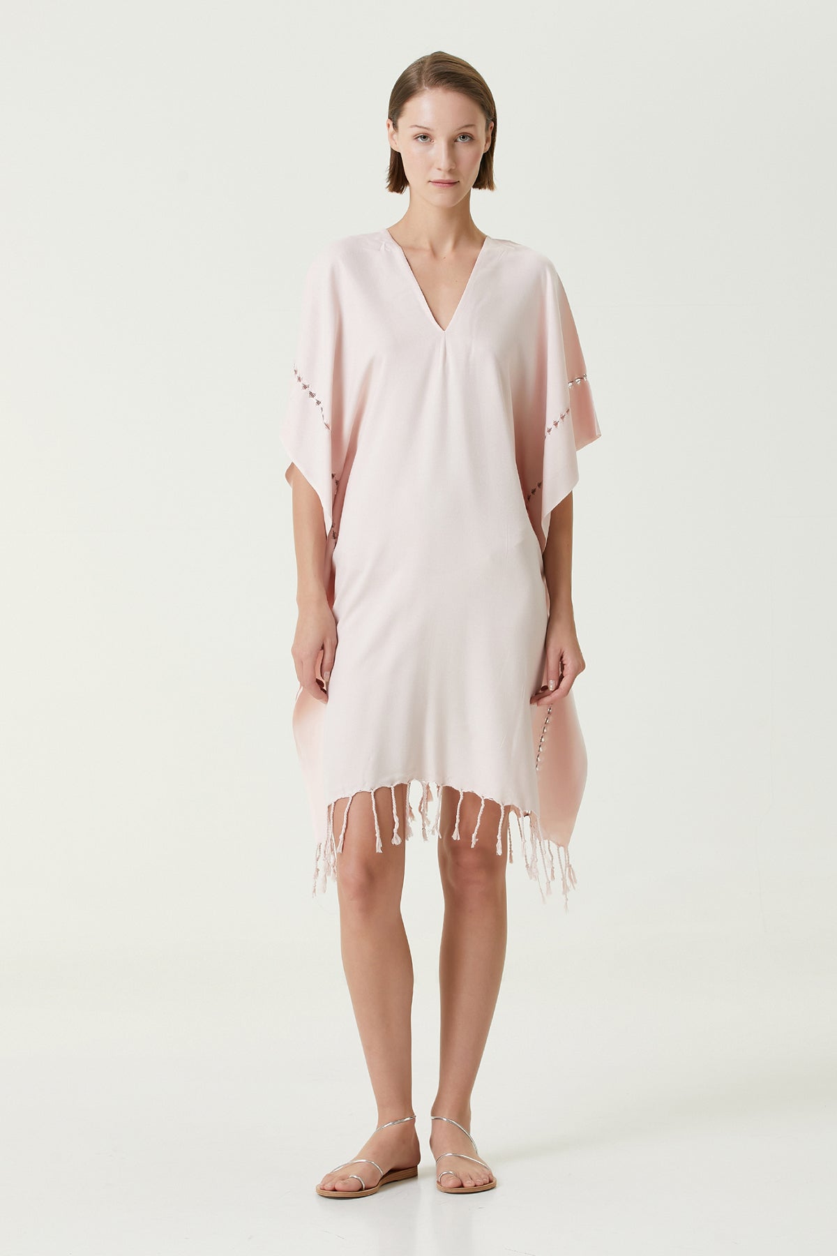 Layla V Yaka Elbise Pudra