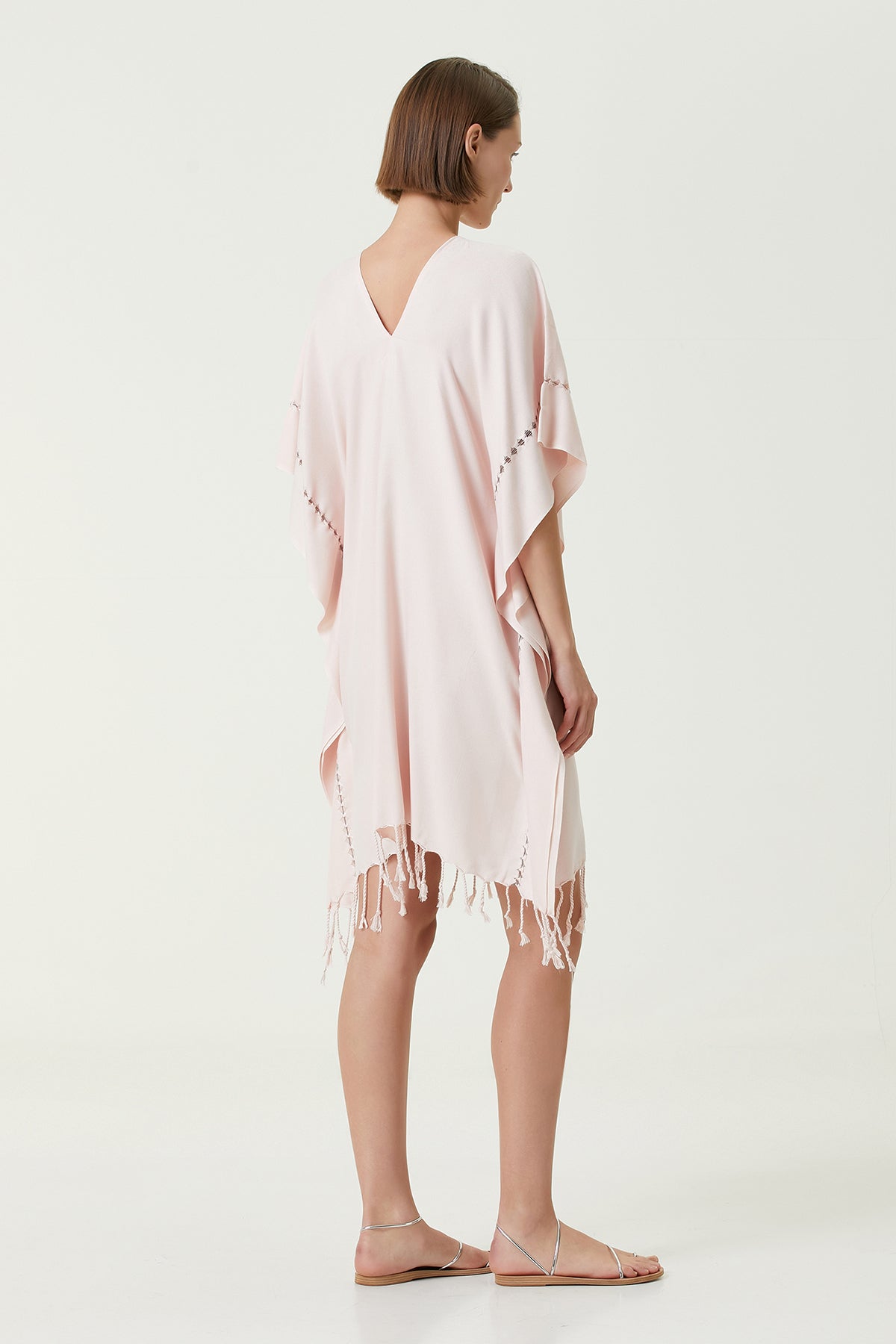 Layla V Yaka Elbise Pudra