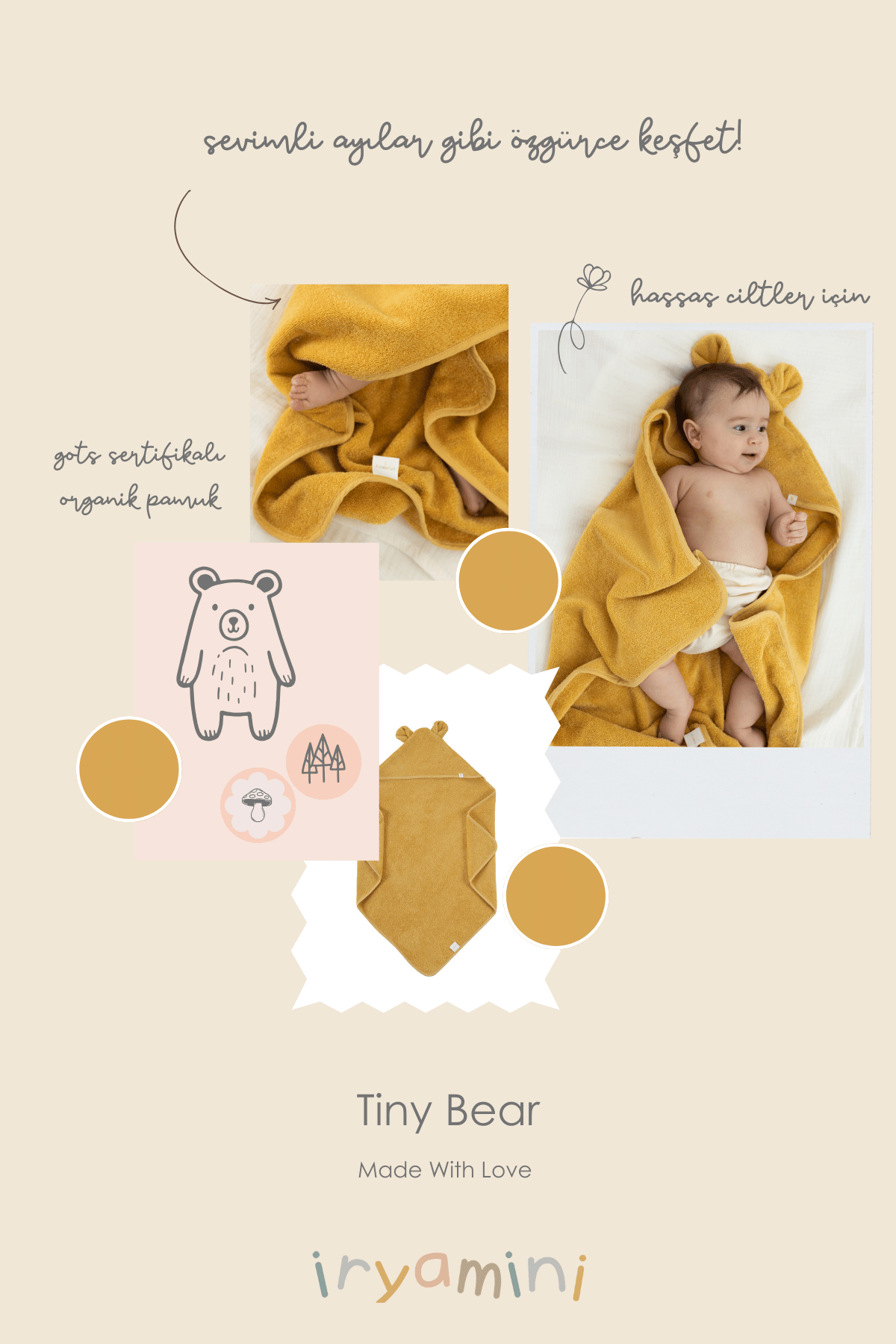 Tiny Bear Organic Cotton Baby Swaddle Mustard 75x75 cm