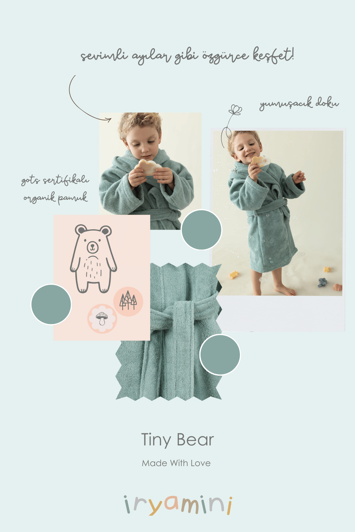 Tiny Bear Organic Cotton Kids Bathrobe Mint