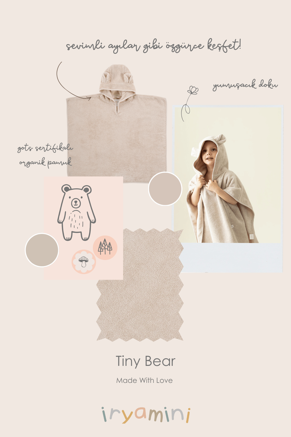Tiny Bear Organic Cotton Kids Poncho Beige