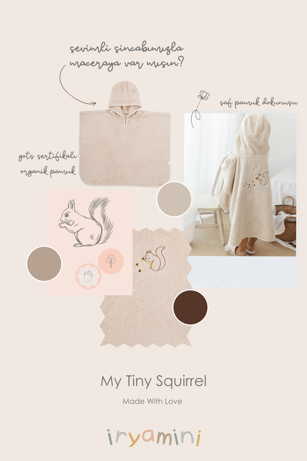 Tiny Squirrel Organic Cotton Embroidered Child Poncho Beige