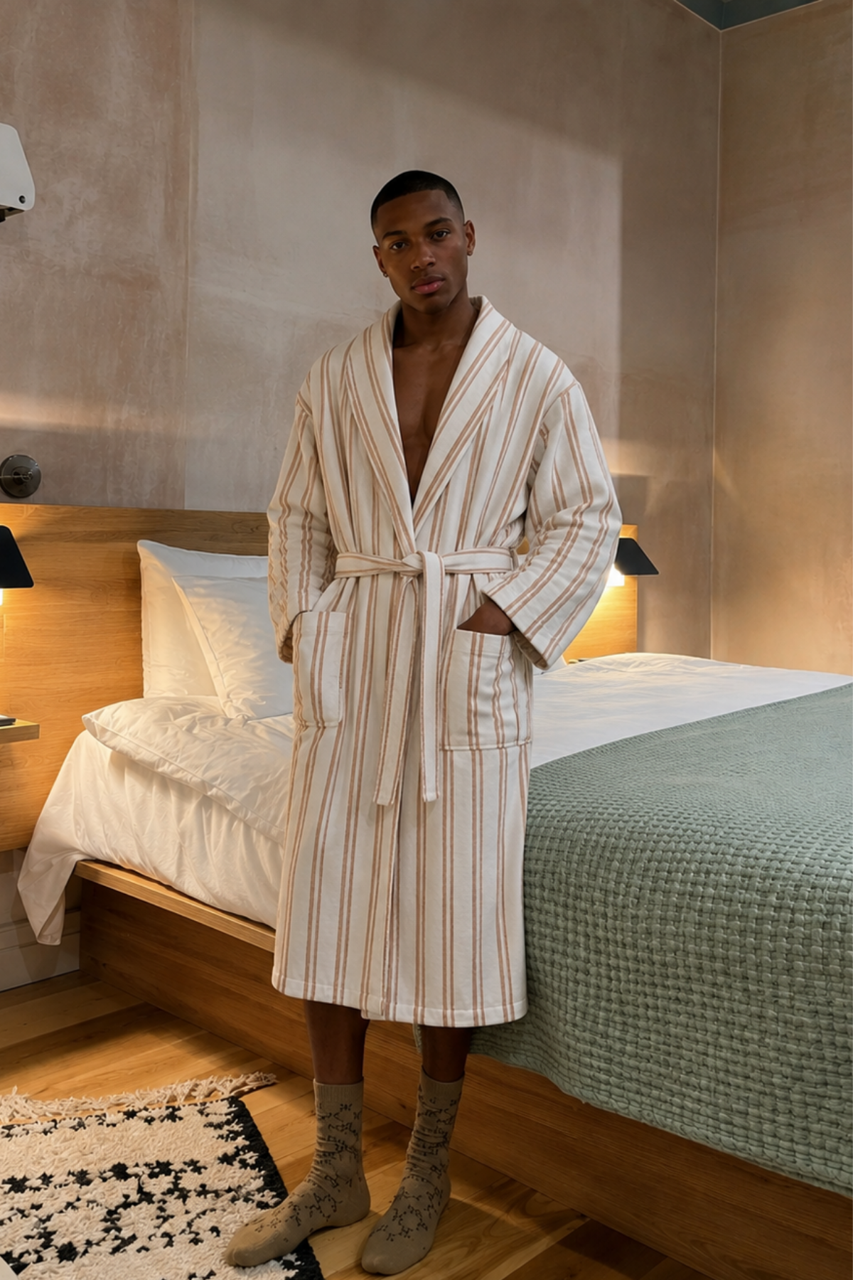 In Lines Yarn-Dyed Men's Bathrobe Mocha