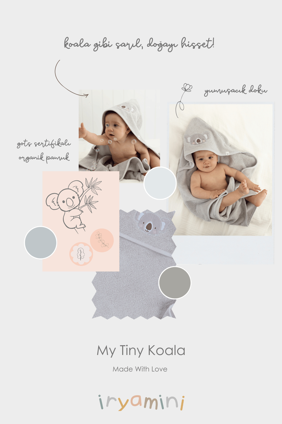 Tiny Koala Organik Pamuk Nakışlı Bebek Kundak Gri 75x75 cm
