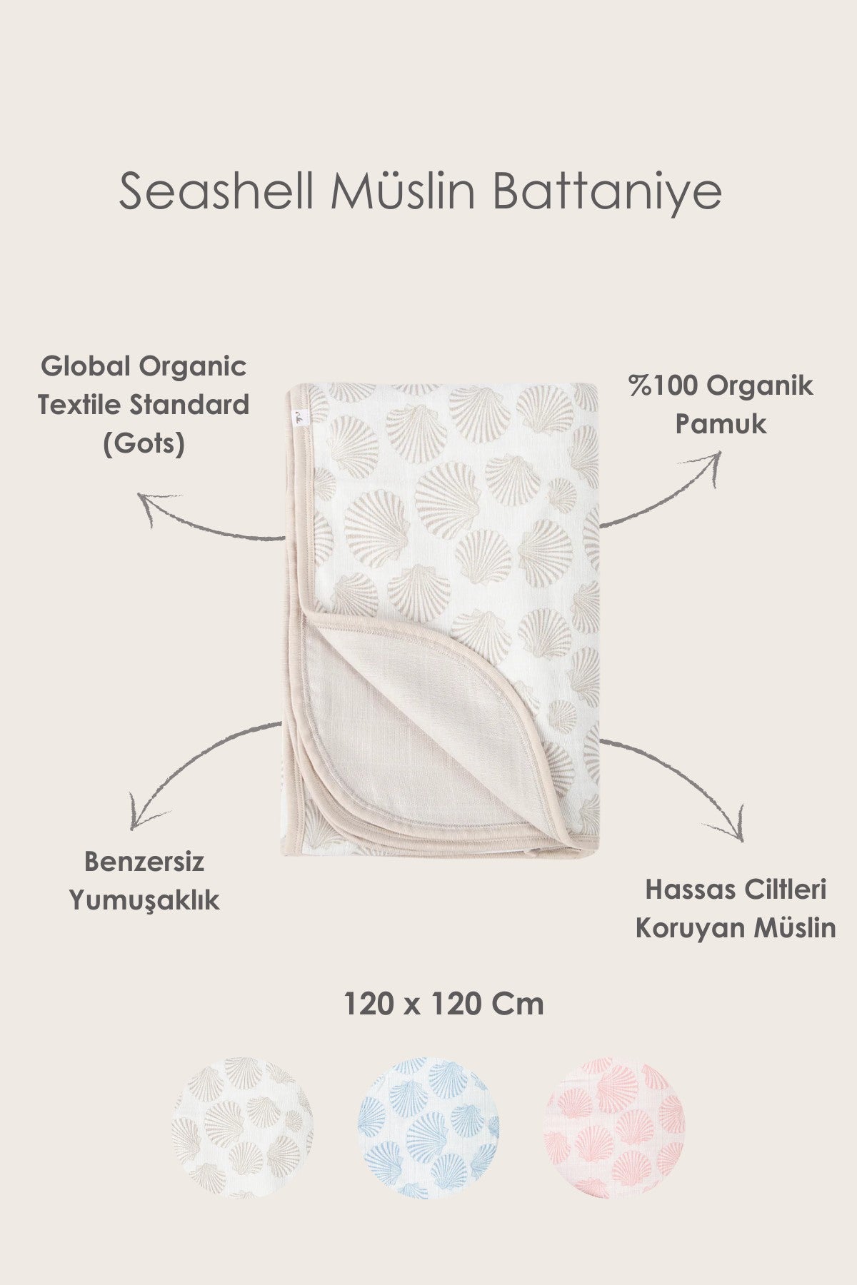 BebeMarin Seashell Müslin Battaniye 120x120 Mavi