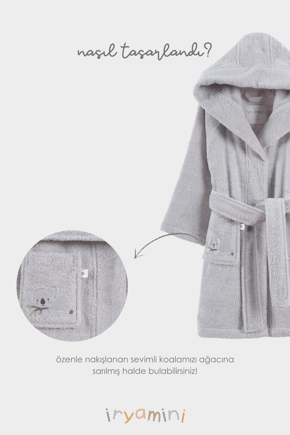 Tiny Koala Organic Cotton Embroidered Kids Bathrobe Gray