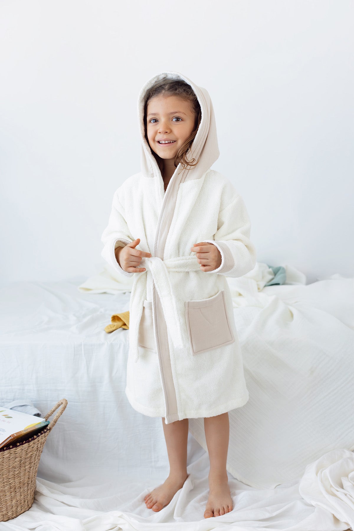 Joy of Colors Organic Cotton Muslin Detailed Children's Bathrobe Beige