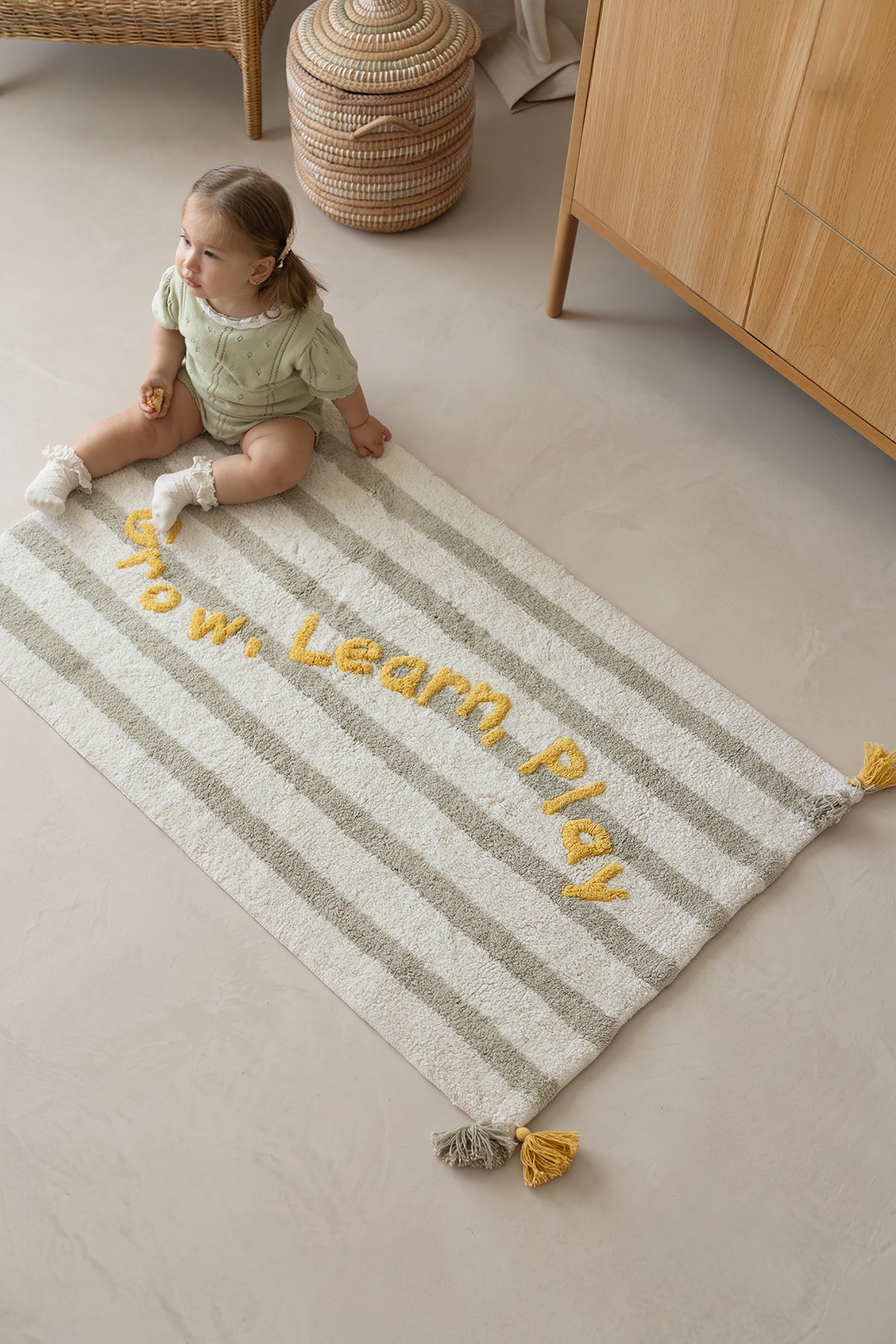 Grow, Learn, Play Tekli %100 Pamuk Çocuk Odası Halısı 70x120 Cm Hardal/Peppermint Yeşil