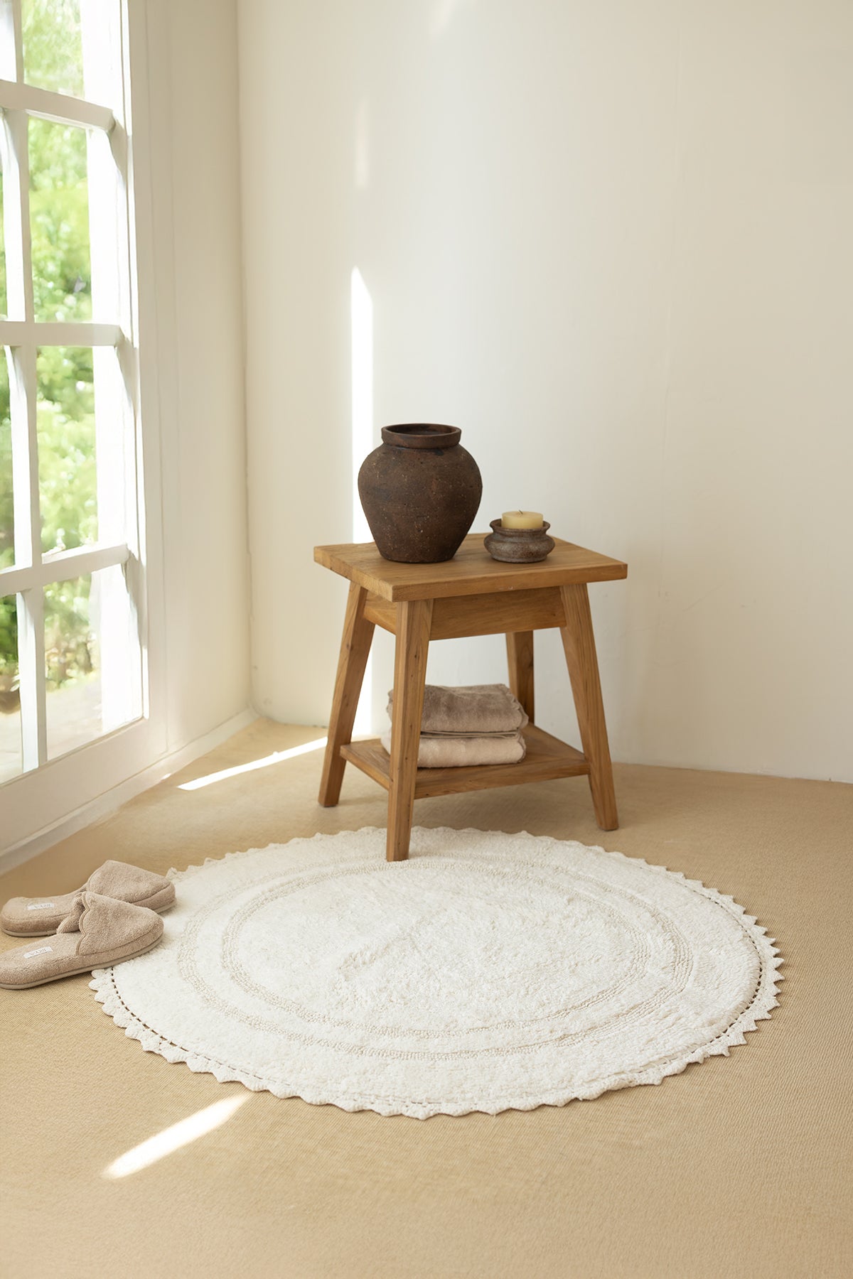 Olea Yuvarlak Banyo Paspası %100 Pamuk 100x100 cm Ekru