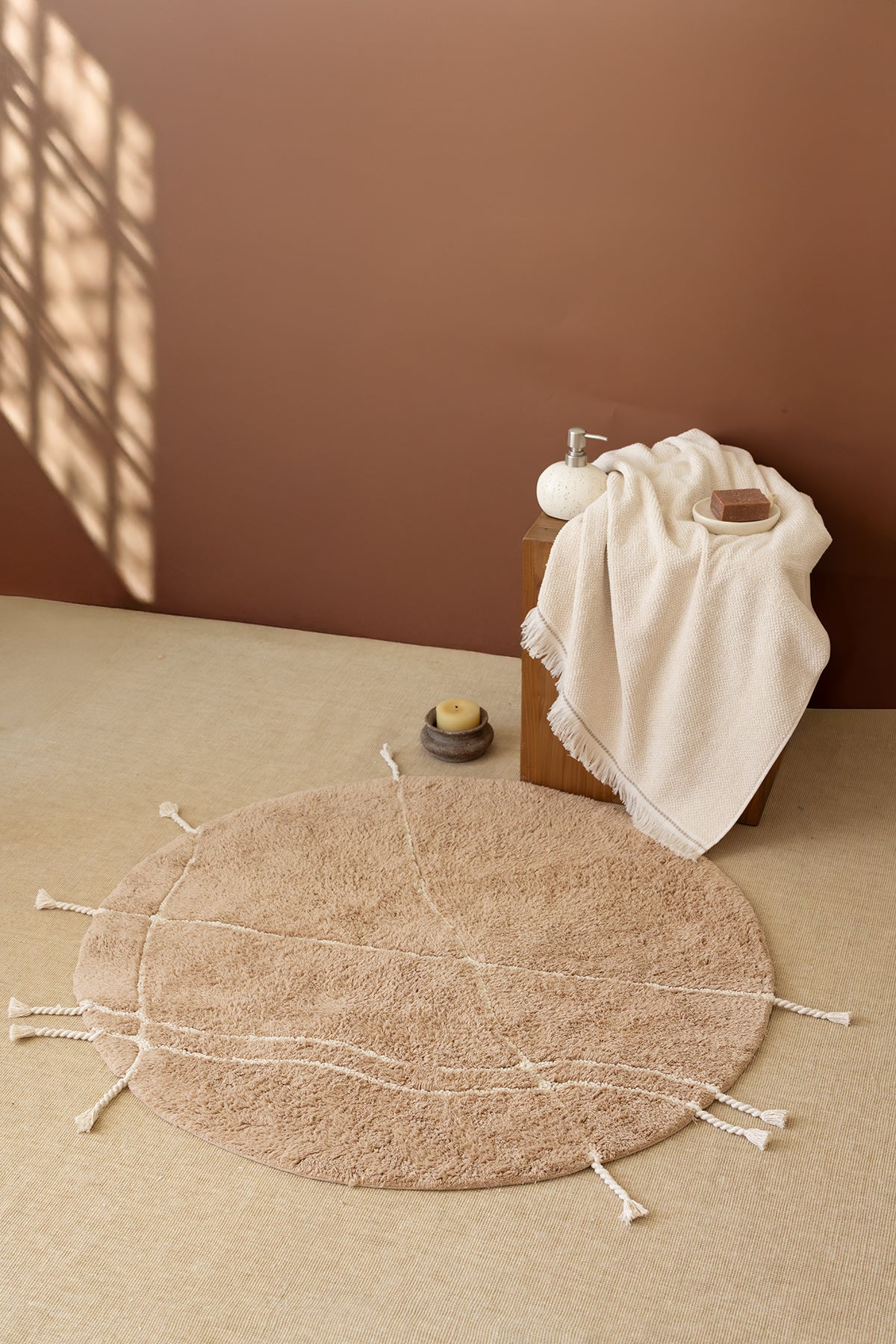 Travertine Yuvarlak Banyo Paspası %100 Pamuk 100x100 Kahverengi