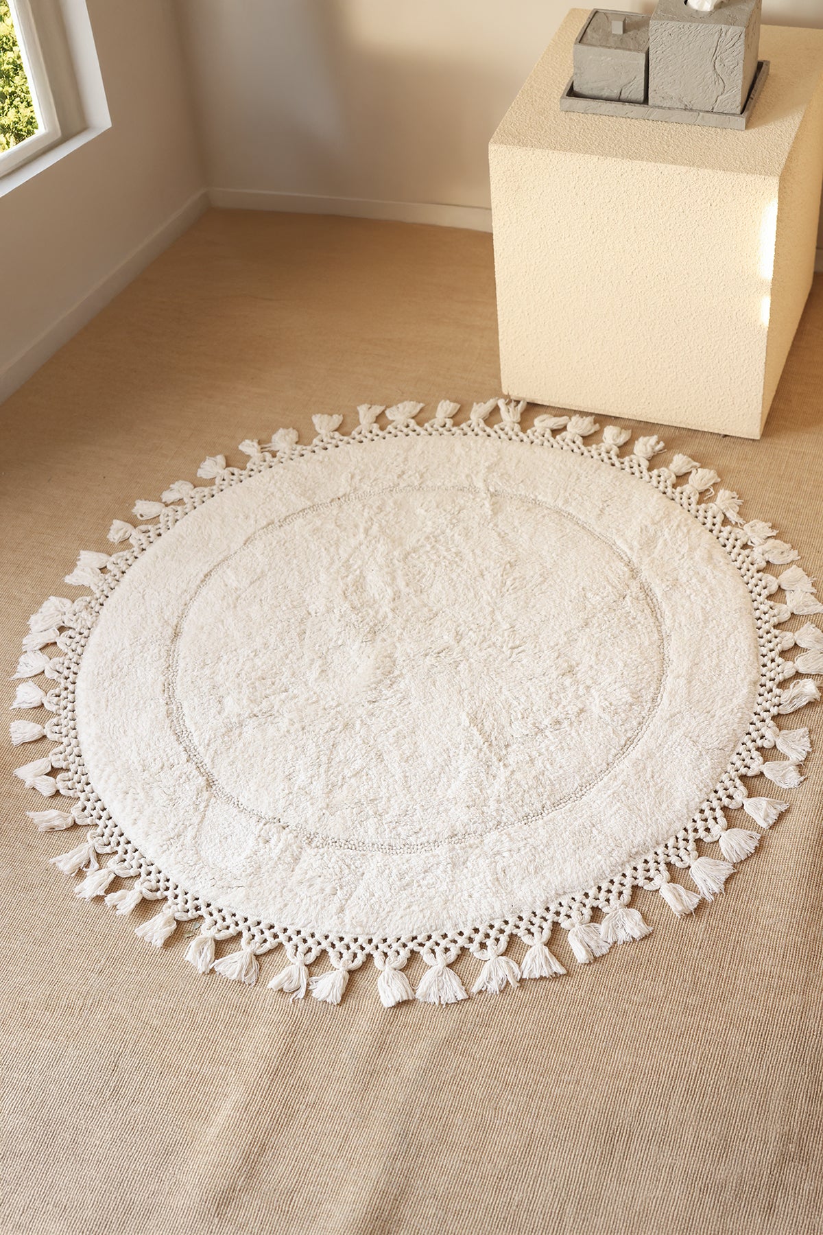 Nora Yuvarlak Banyo Paspası %100 Pamuk 90x90 Ekru