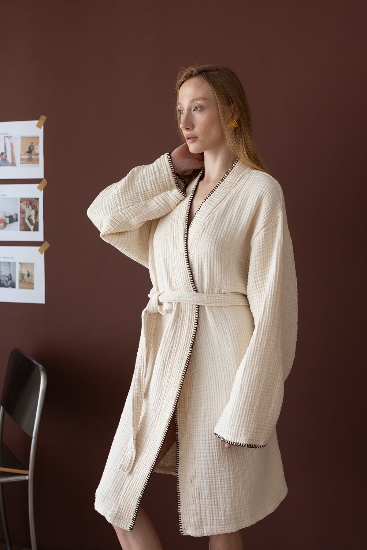 Loom 4-Layer Muslin Shepherd Stitch Women's Robe Sand Beige