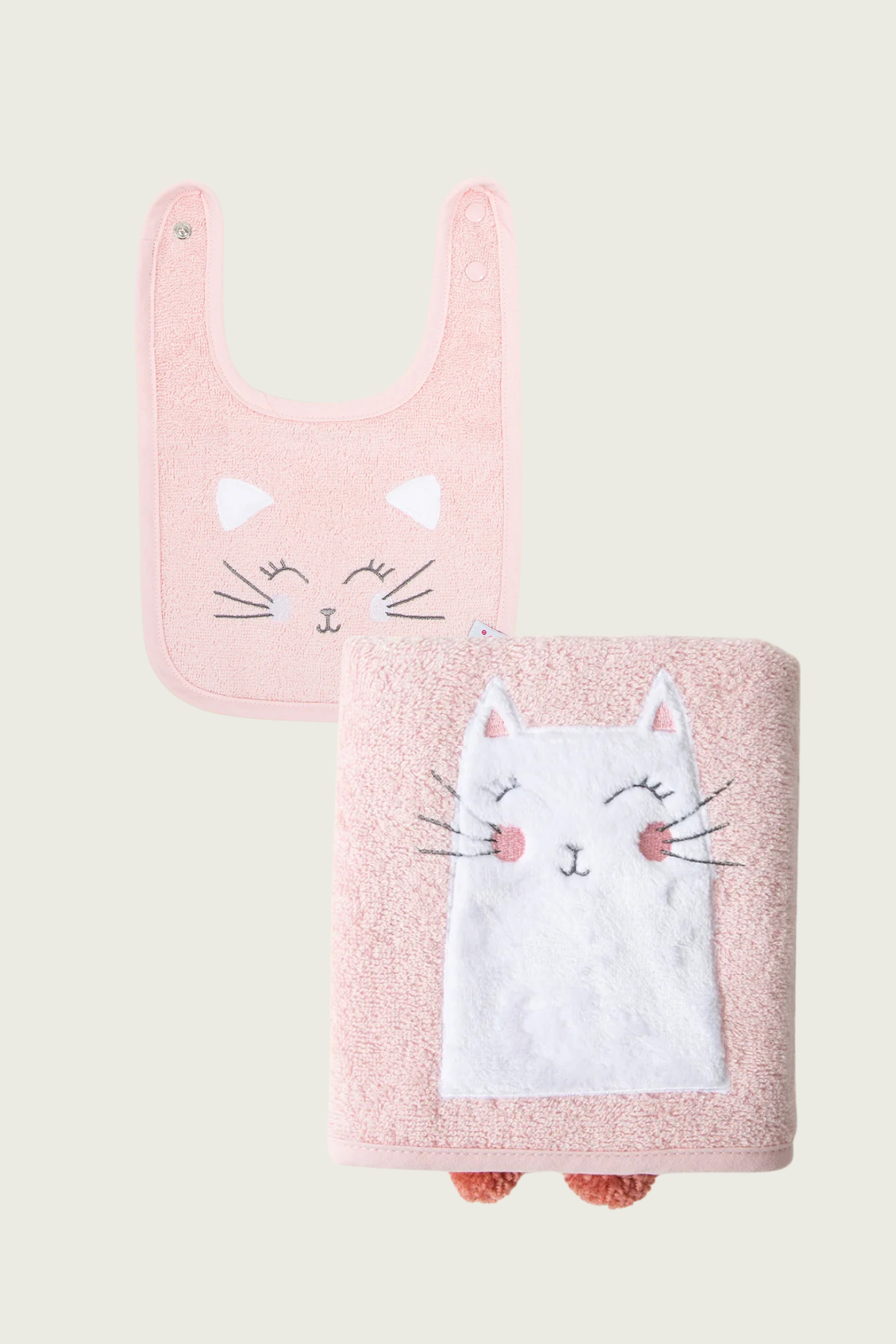 Kitty 2-Piece Organic Cotton Newborn Gift Set Pink | Towel, Bib