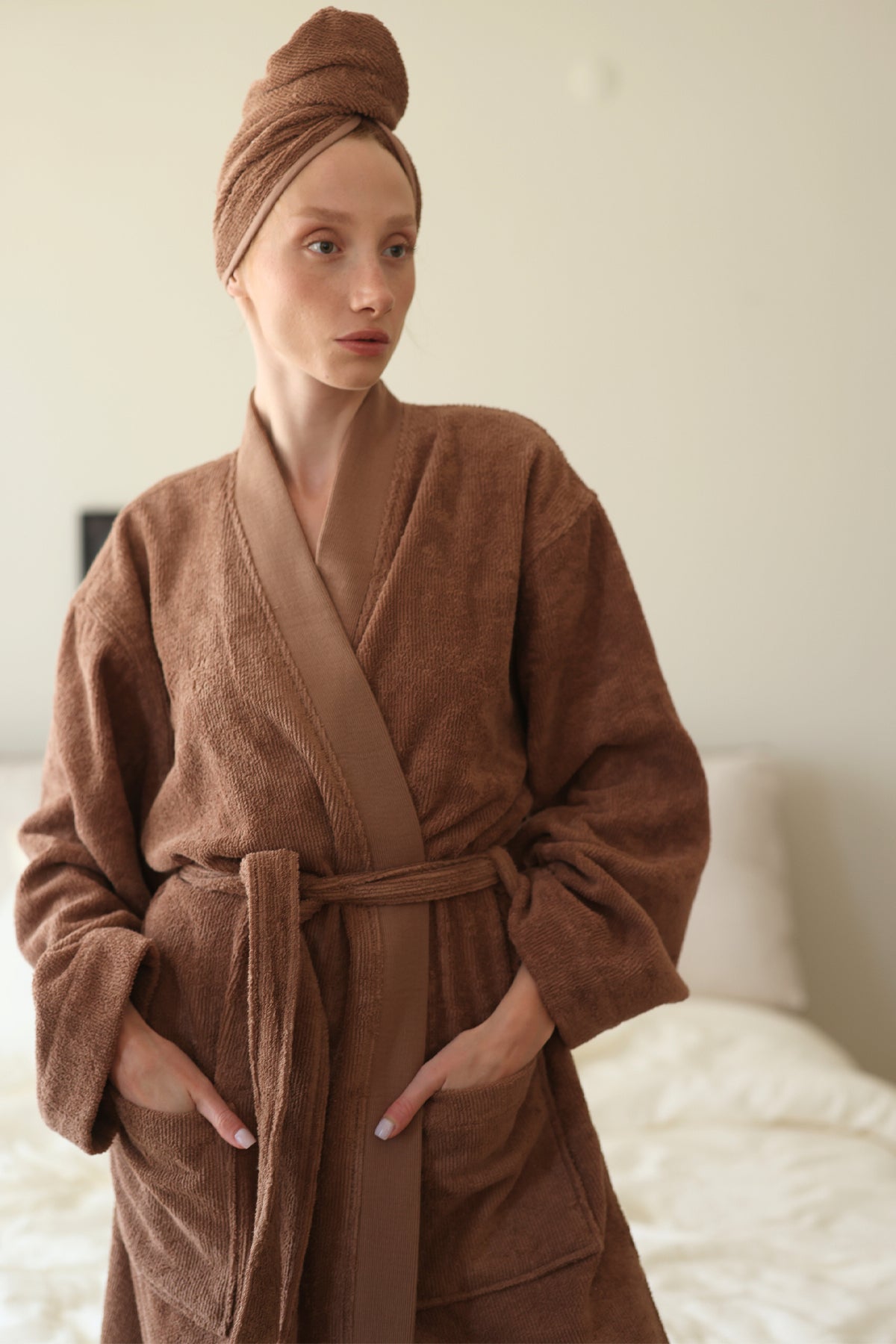 Solena %100 Pamuk Kadın Bornoz Kahve