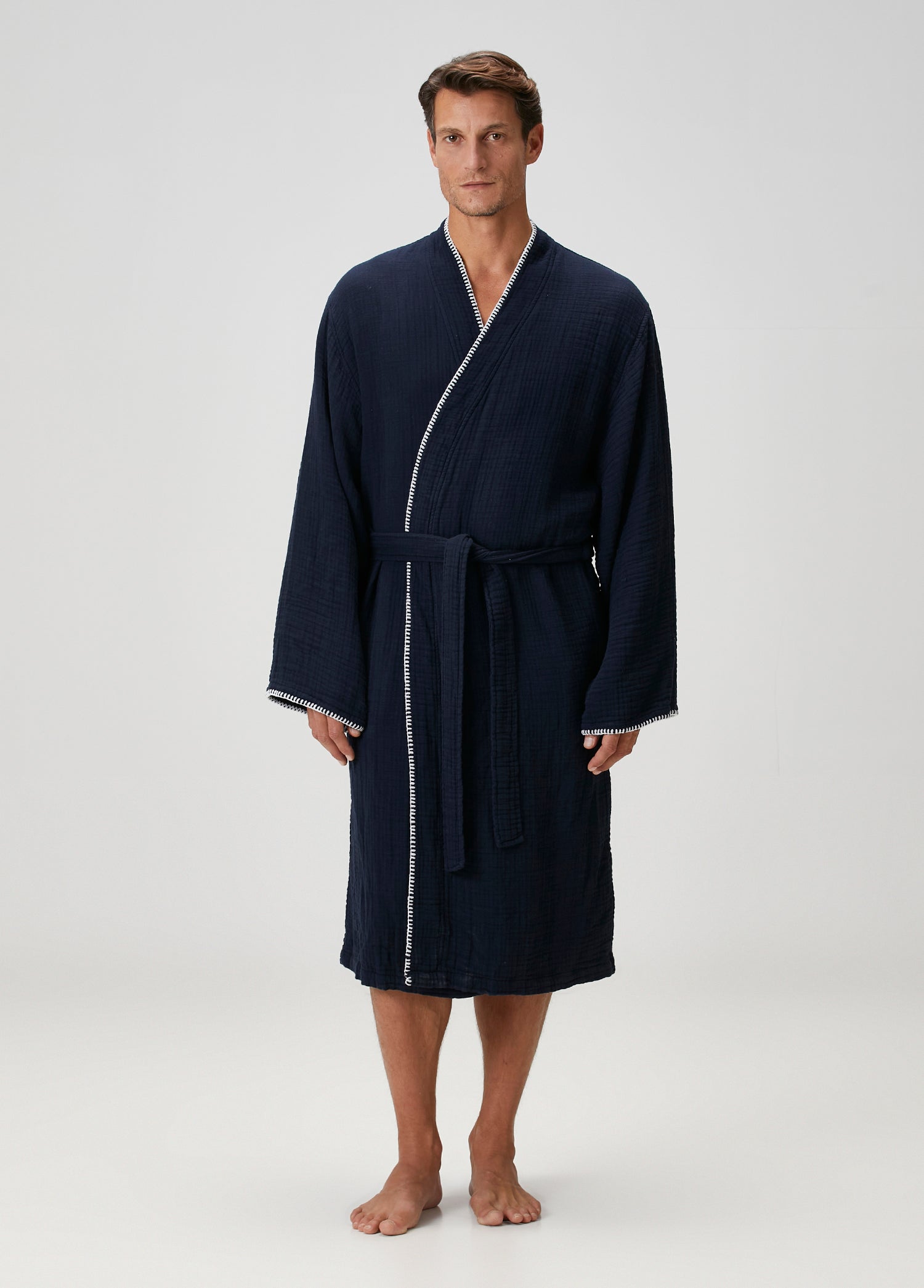 Loom 4 Katlı Müslin Çoban Dikişli Erkek Bornoz Lacivert