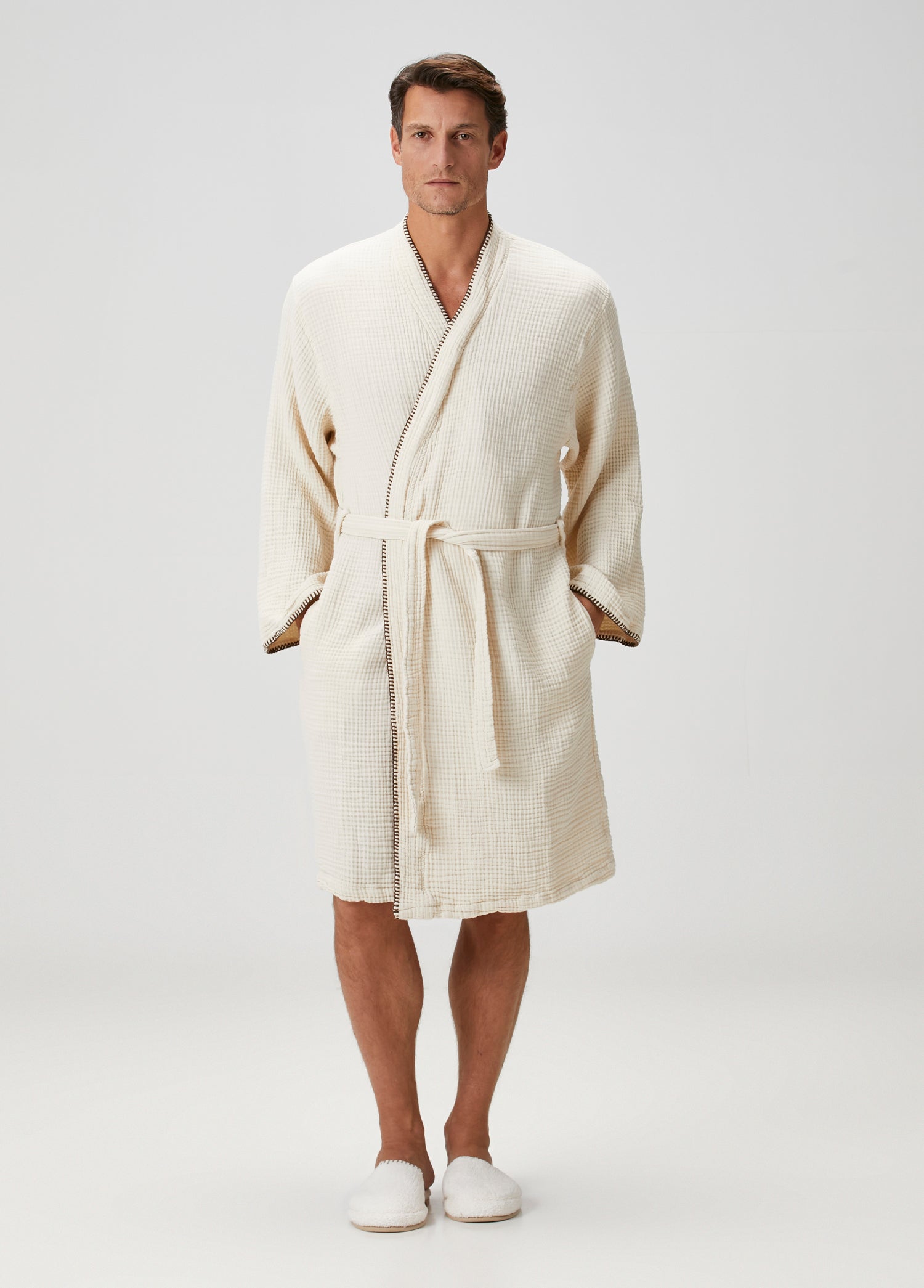 Loom 4 Katlı Müslin Çoban Dikşili Erkek Bornoz Kum Bej