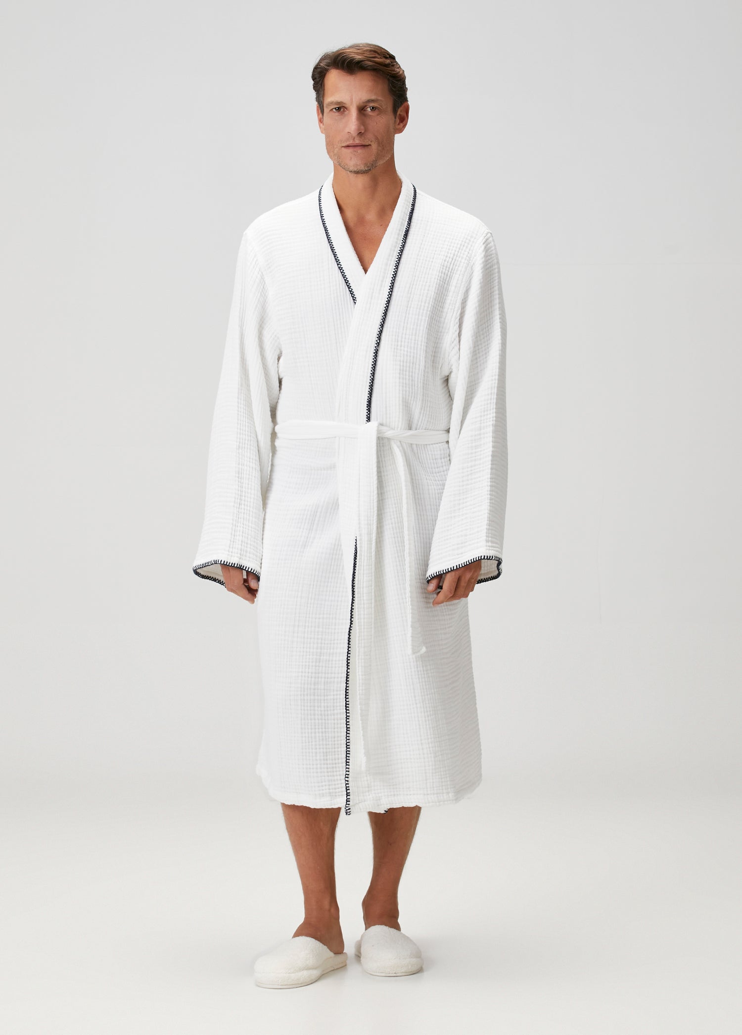 Loom 4 Katlı Müslin Çoban Dikşili Erkek Bornoz Beyaz