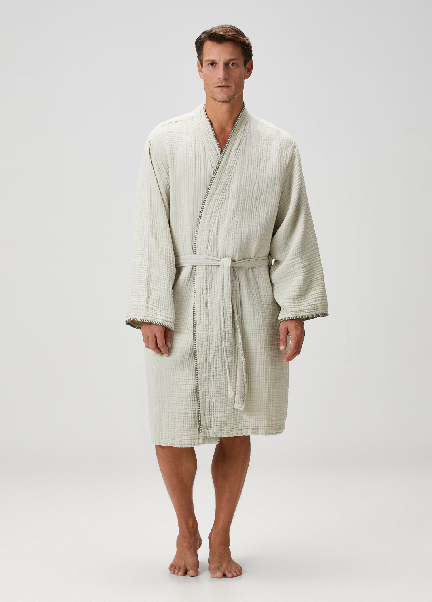 Loom 4 Katlı Müslin Çoban Dikişli Erkek Bornoz Adaçayı