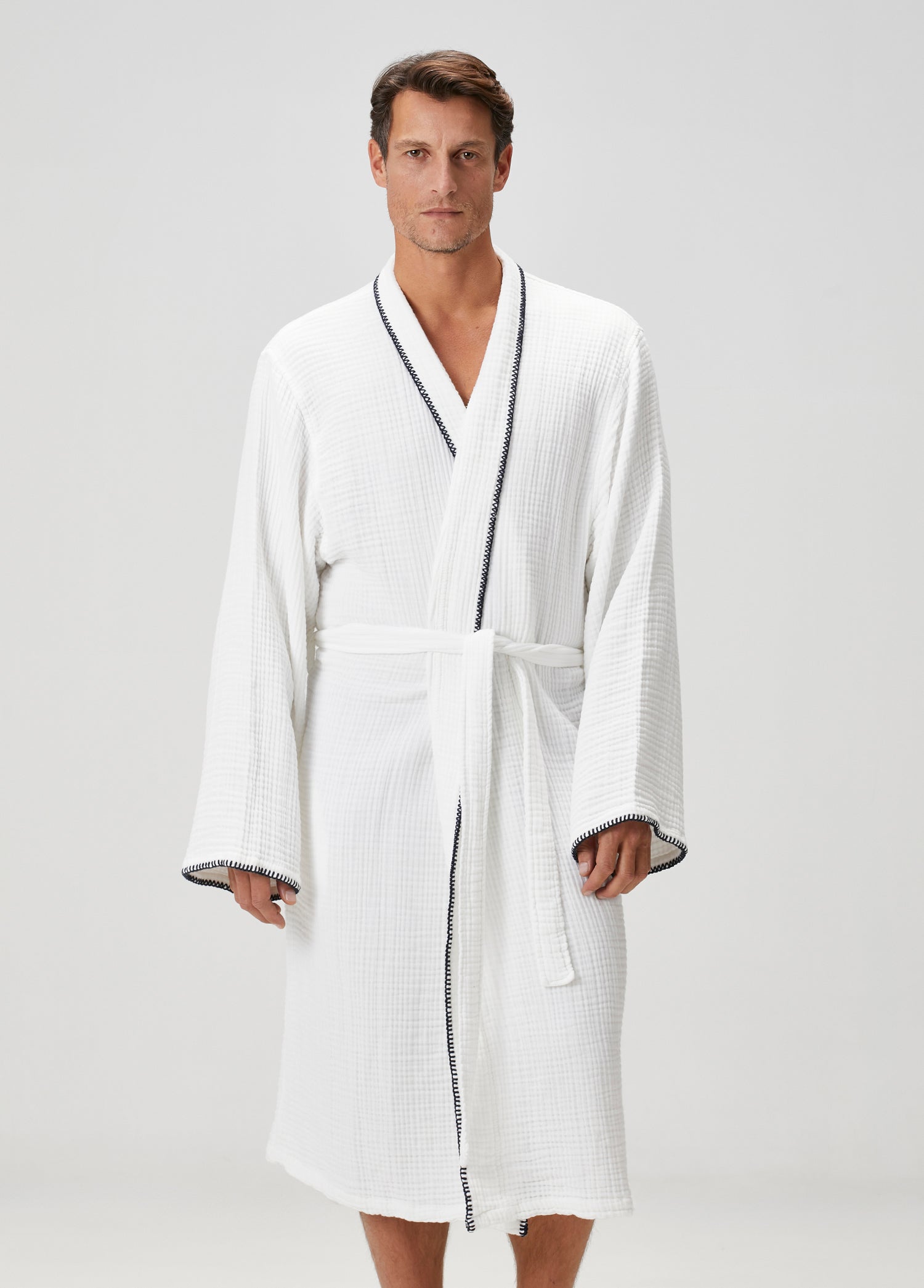 Loom 4 Katlı Müslin Çoban Dikişli Erkek Bornoz Beyaz