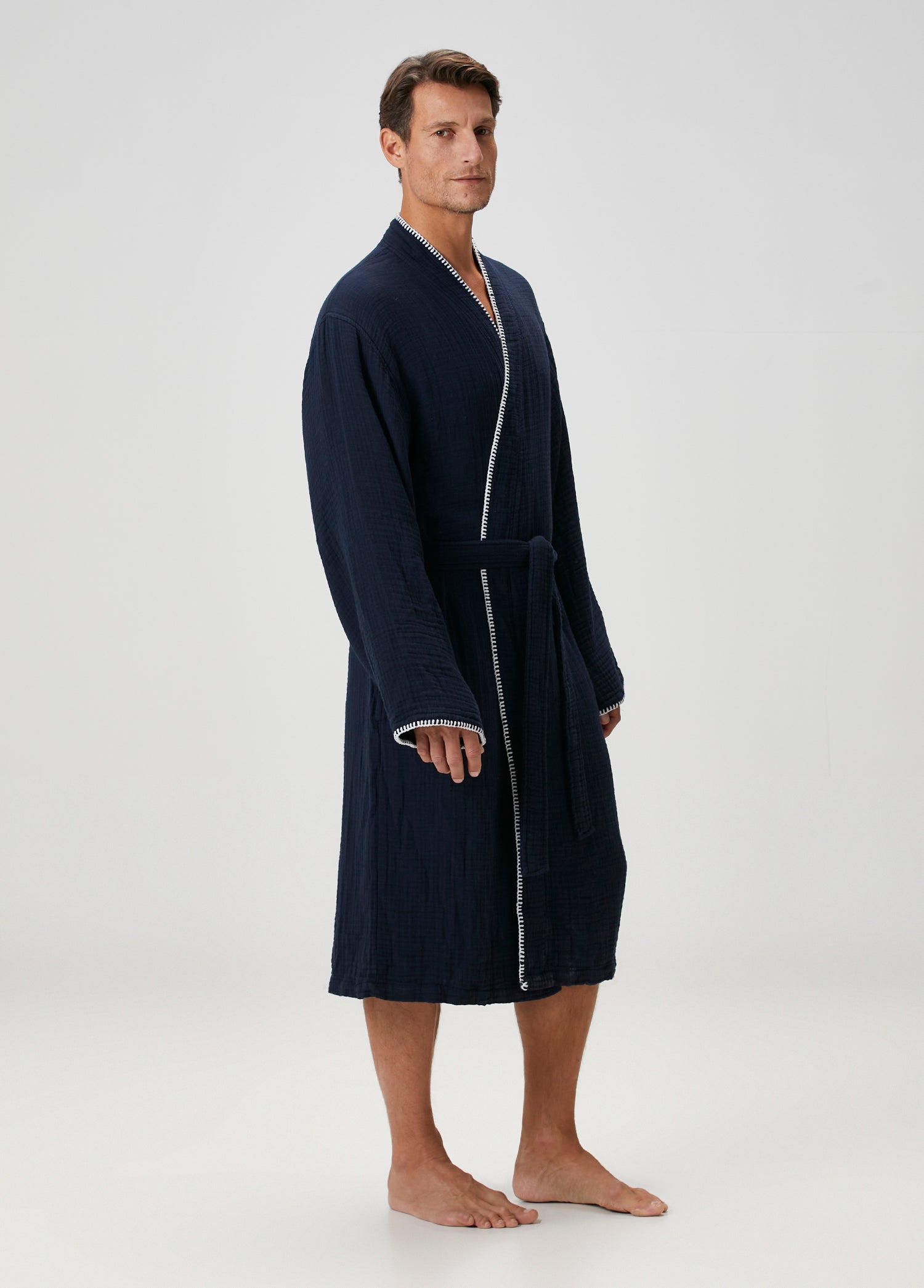 Loom 4 Katlı Müslin Çoban Dikişli Erkek Bornoz Lacivert