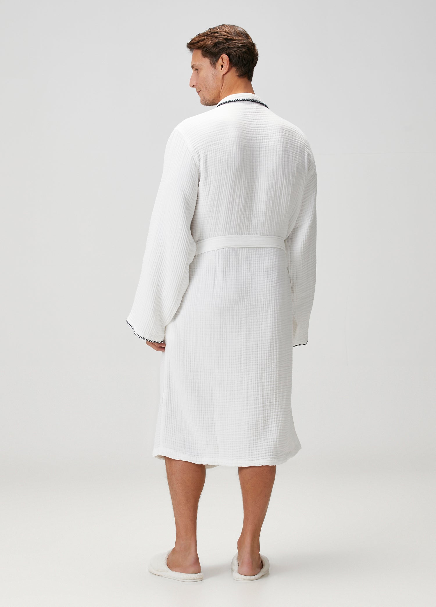 Loom 4 Katlı Müslin Çoban Dikişli Erkek Bornoz Beyaz
