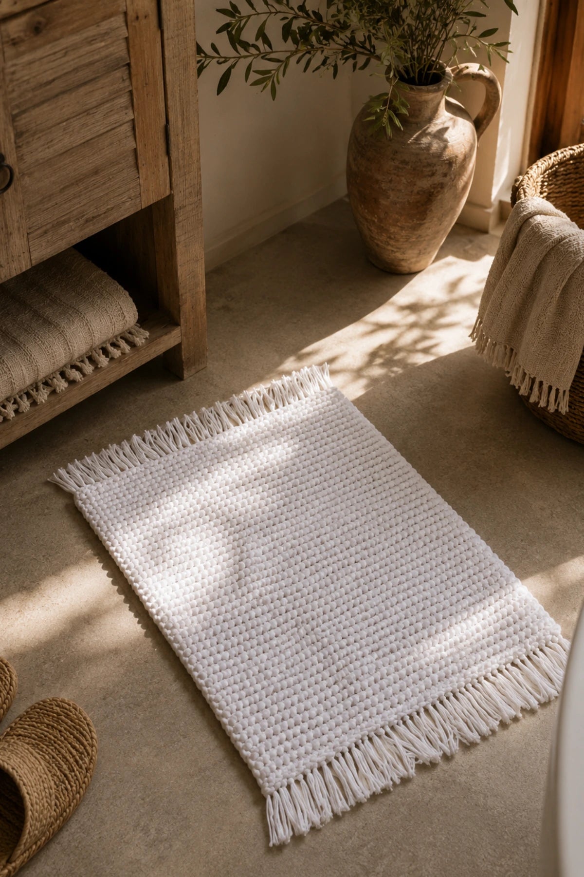 Lavish Hand-Knitted Single Bath Mat %100 Cotton 50x70 White