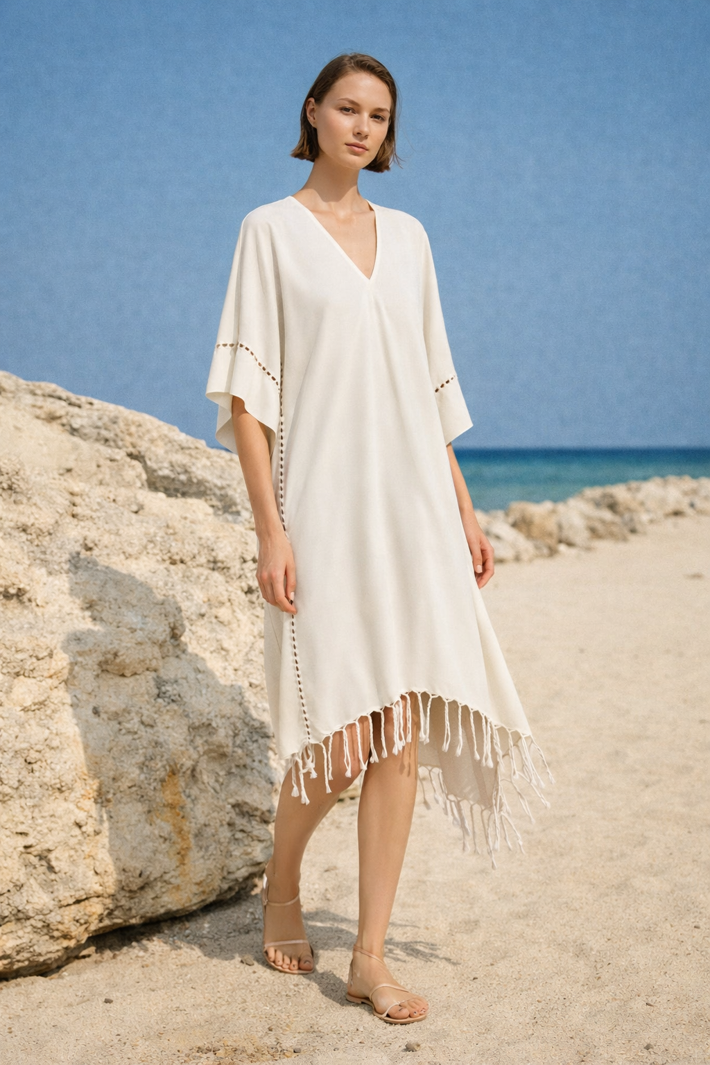 Layla V Yaka Elbise Bej