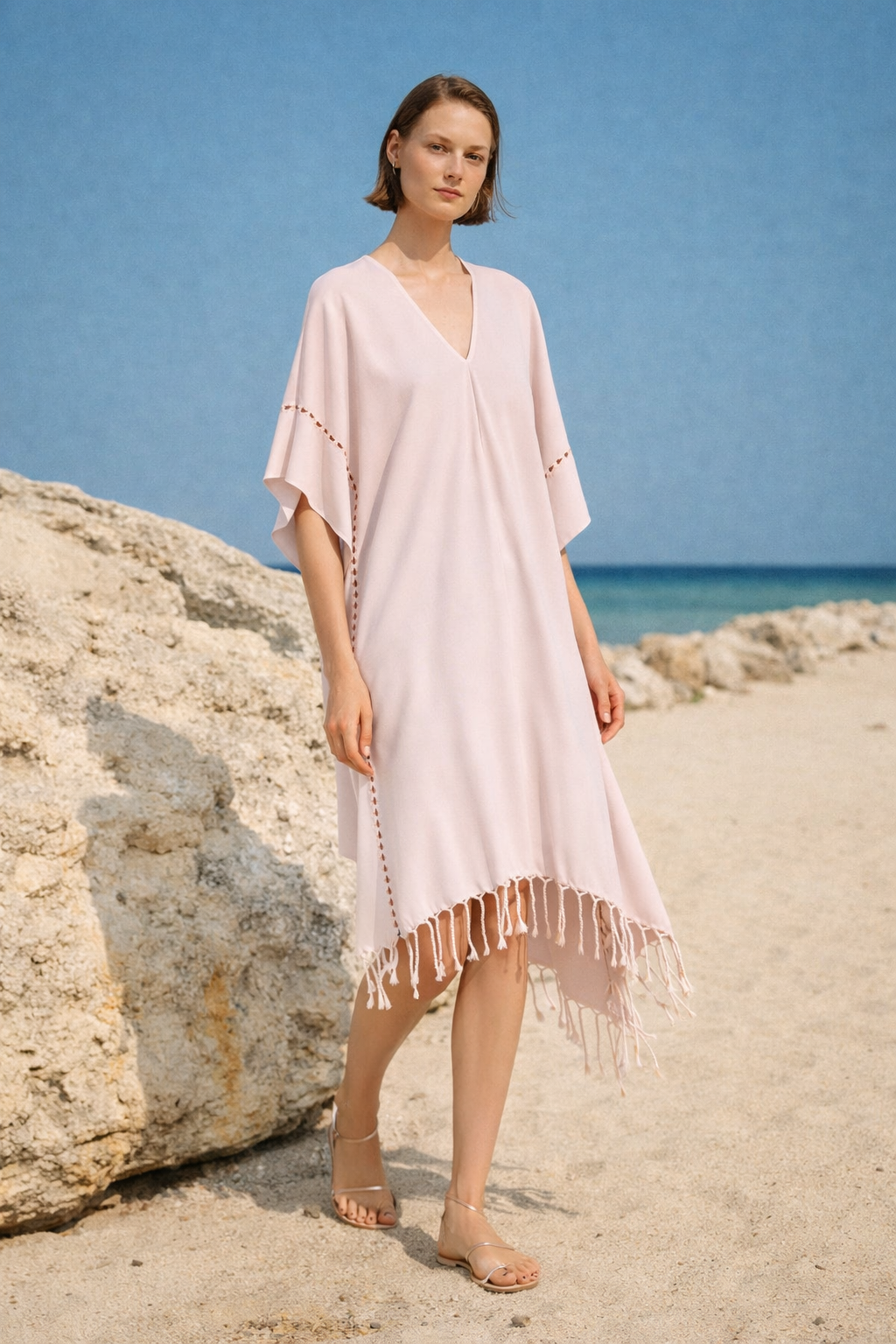 Layla V Yaka Elbise Pudra