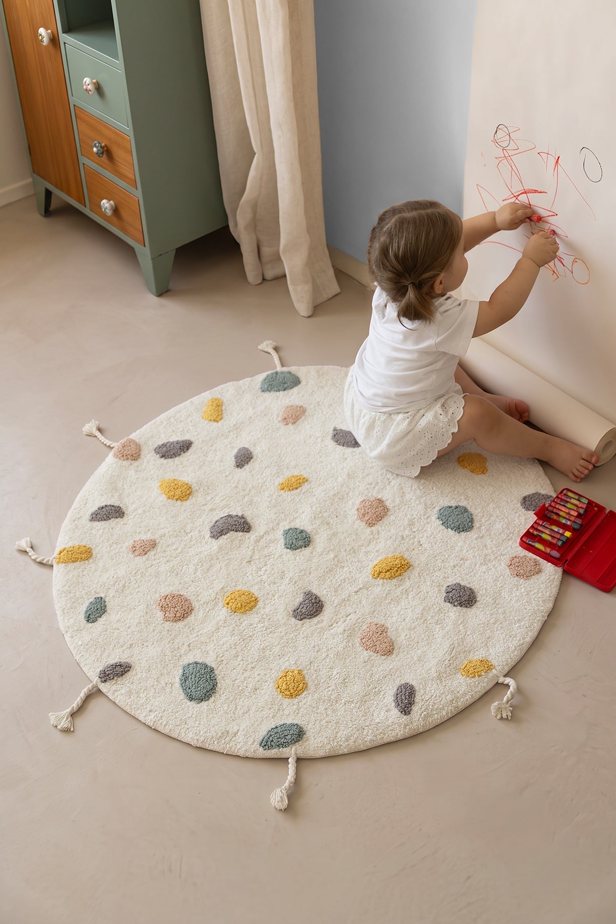 Dot Yuvarlak %100 Pamuk Banyo Paspası 90x90 Cm Ekru