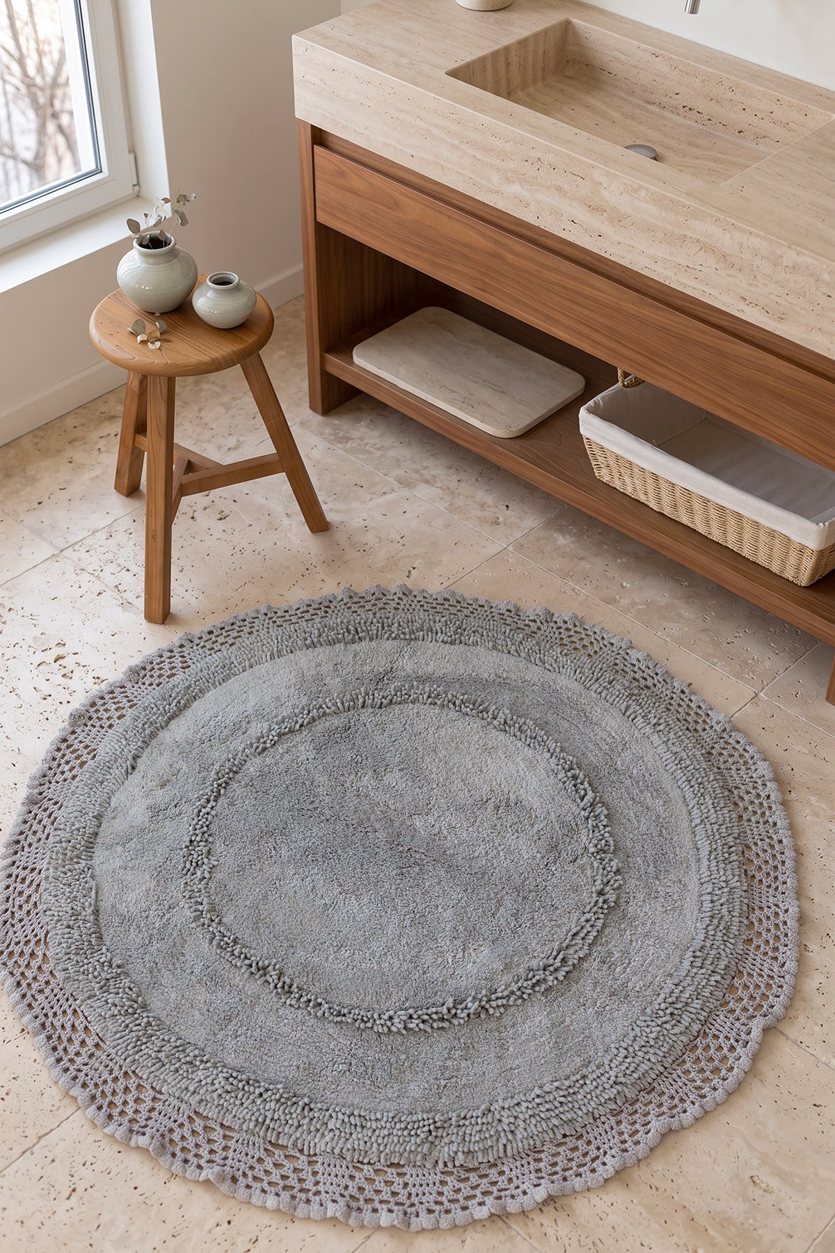 Moon Yuvarlak %100 Pamuk Banyo Paspası 120x120 Cm Bulut Gri