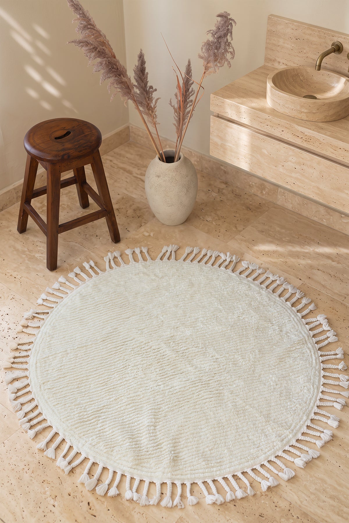 Belina Yuvarlak Bambu Banyo Paspası 100x100 Cm Milk Ekru
