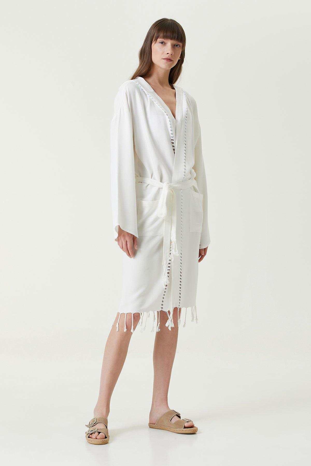 Serene Peştamal Kadın Bornoz - Turkuaz Örgü Ajur