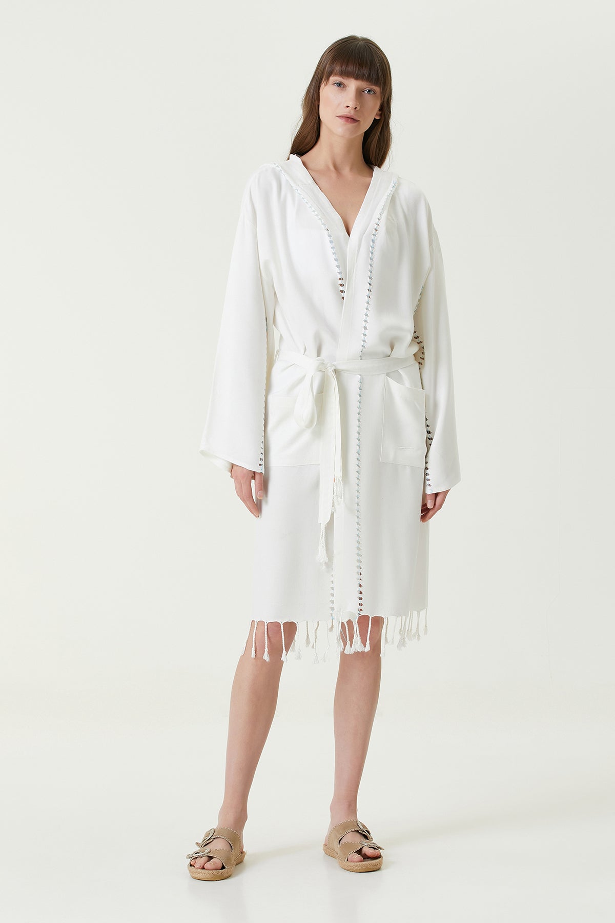 Serene Peştamal Kadın Bornoz - Turkuaz Örgü Ajur