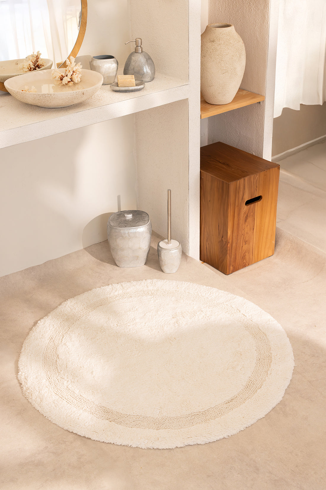 Puffed Yuvarlak Banyo Paspası %100 Pamuk 100x100 Ekru