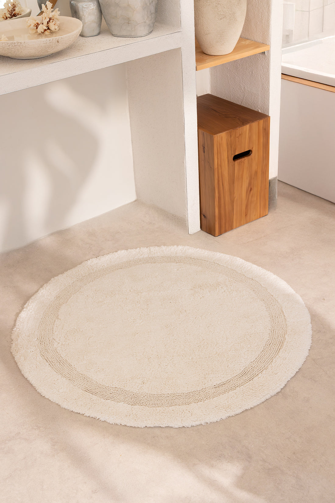 Puffed Yuvarlak Banyo Paspası %100 Pamuk 100x100 Ekru