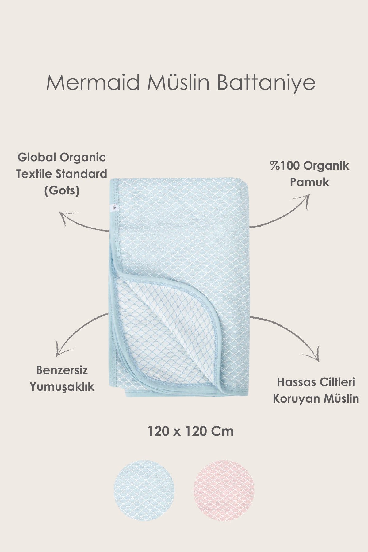 BebeMarin Mermaid Müslin Battaniye 120x120 Mavi