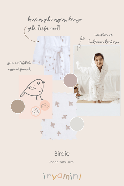 Birdie Organic Cotton Muslin Detailed Kids Bathrobe White